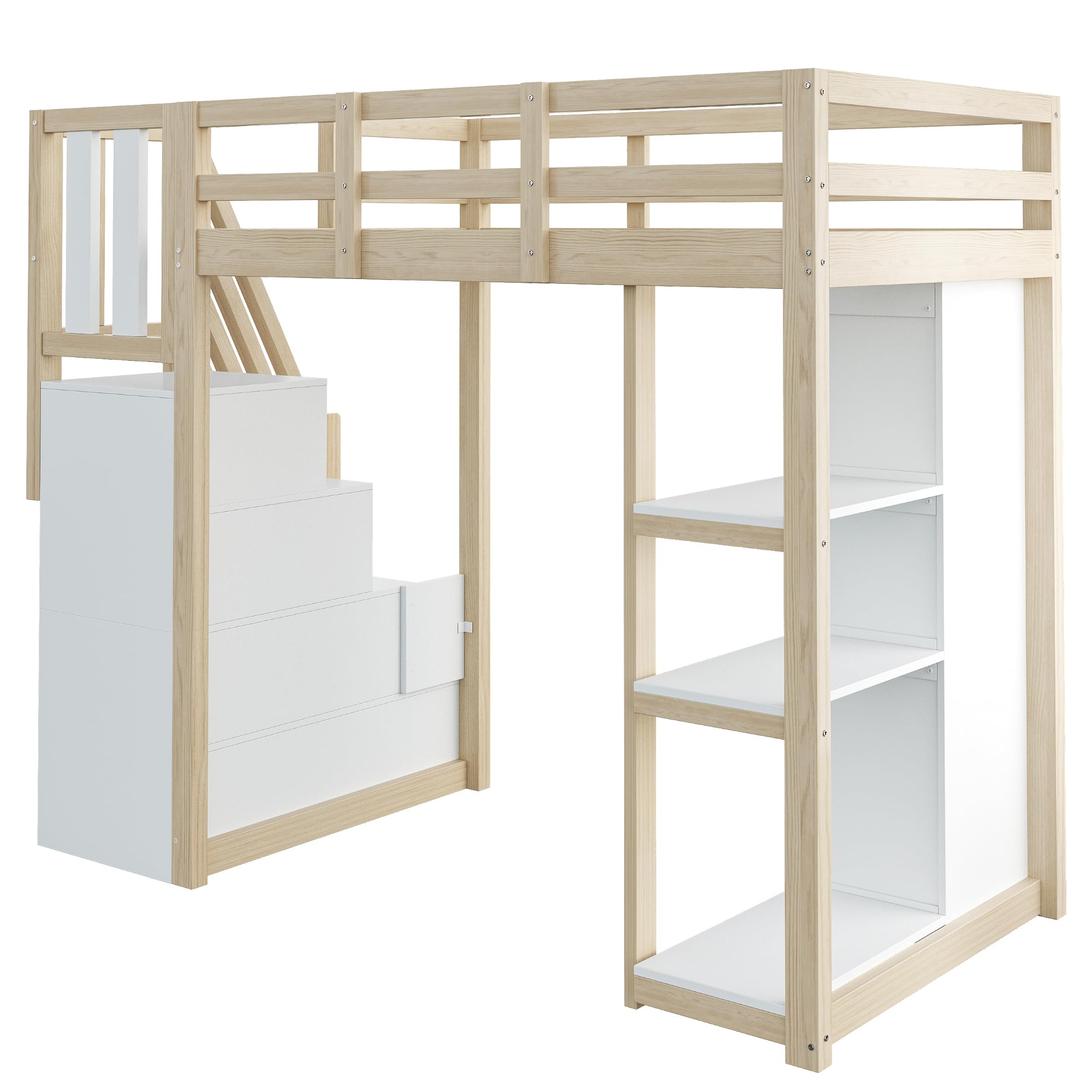 Cama alta 90 x 200 cm con cajones de almacenamiento, estantería de varios niveles, escalera segura, cama multifuncional de madera maciza, color madera natural