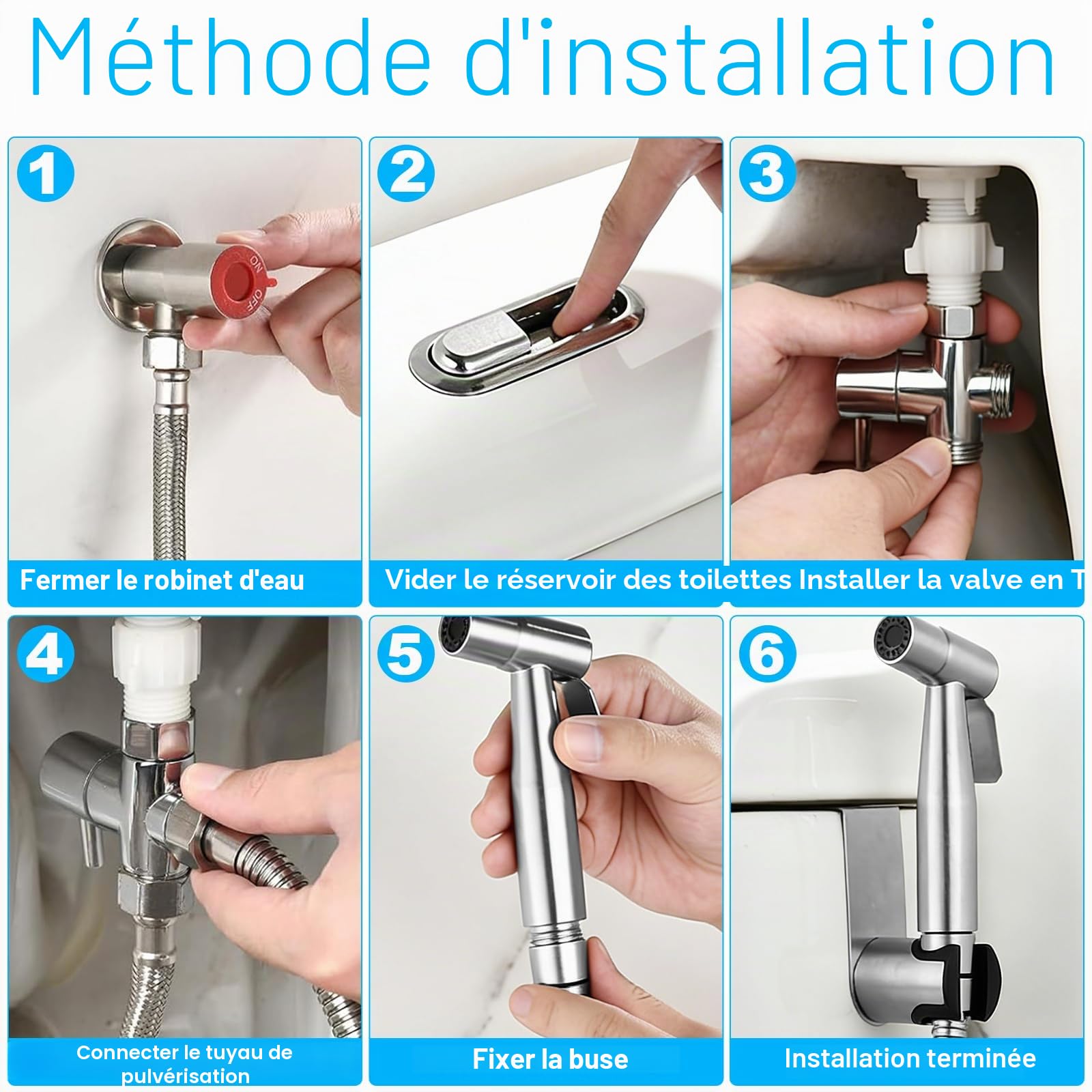 Kit de Douchette de Bidet en Acier Inoxydable, Kit Douchette WC avec Vanne 3 Voies (1/2"-3/8"), Pulvérisateur de Bidet à Main pour Hygiène Personnelle Animauxet Nettoyage Des Couches