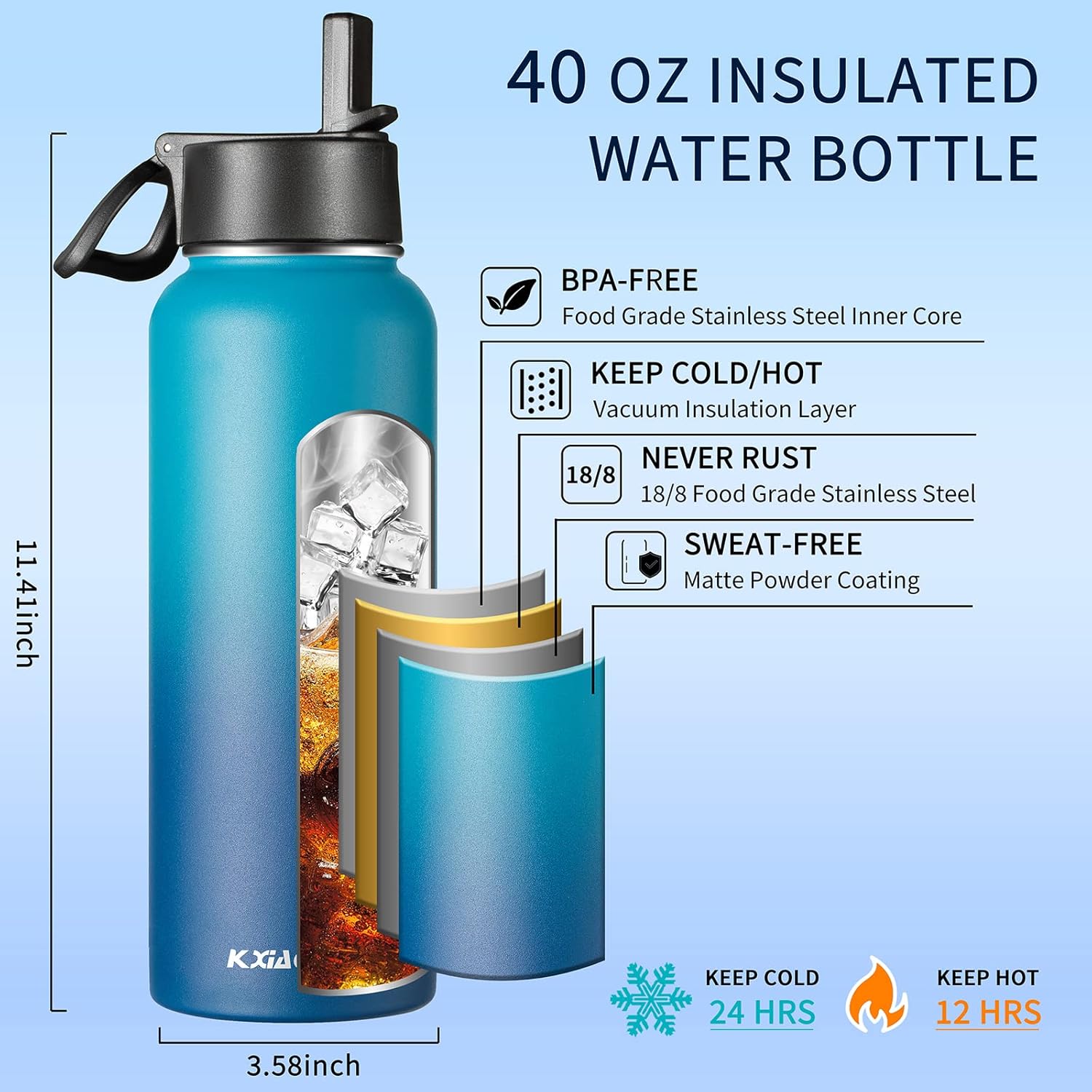 KXIAOCHEN Insulated Water Bottle, Stainless Steel Water Bottle, 2 Lids (Straw and Handle Lid),Wide Mouth Metal Water Bottles Keep Hot and Cold, Double Walled, Thermo Mug, Metal Canteen