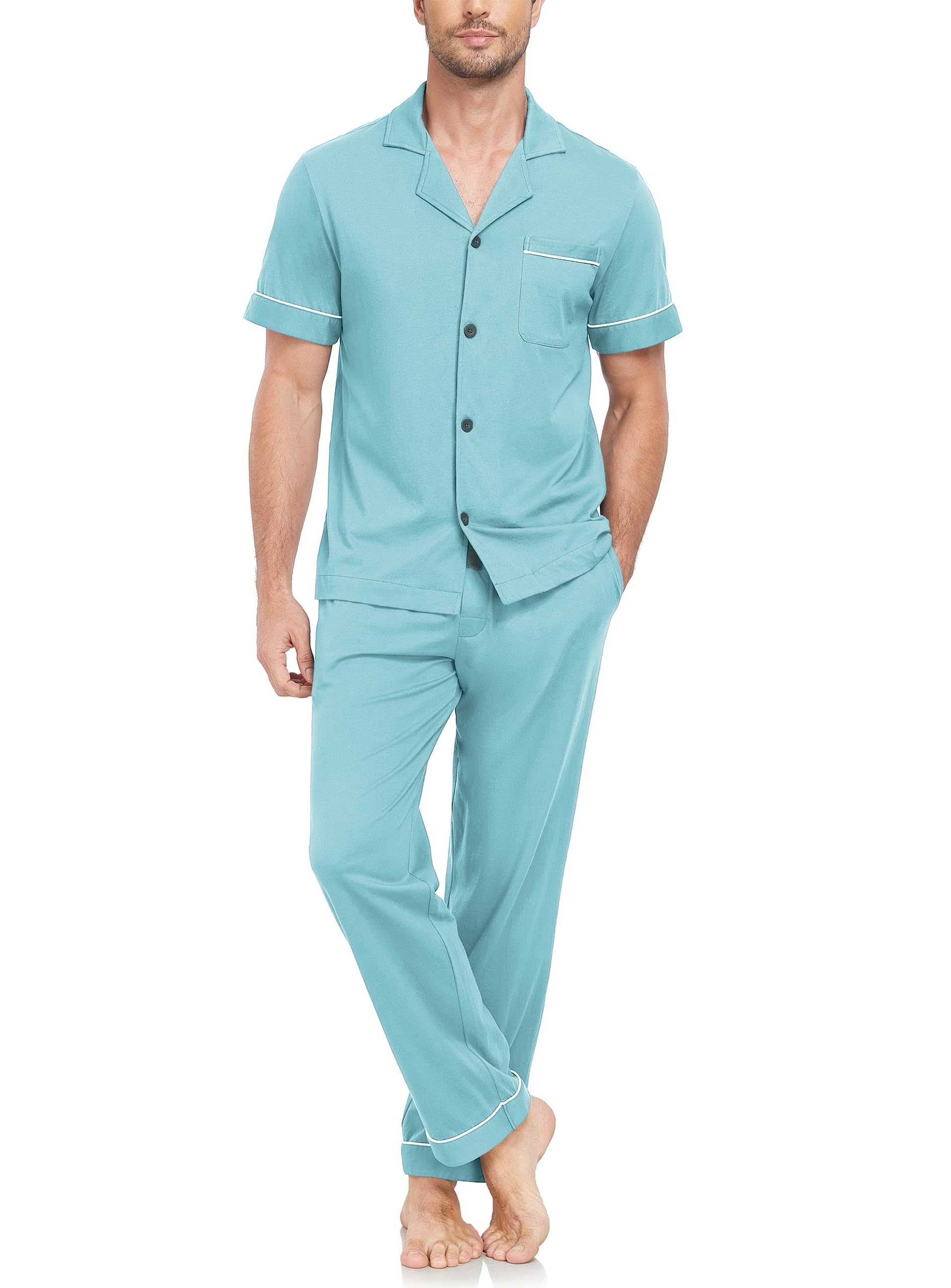 EA'S SECRET 100% Baumwolle Herren Schlafanzug Set Kurzarm & Langhose Loungeset Knopfverschluss Pyjama mit Taschen S-XXL