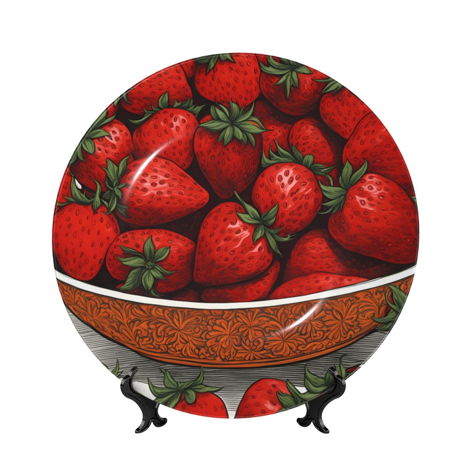 SXZVVBN cute strawberries Bone China Decorative Plate Art with Stand Removable Adhesive Hanging for Home Office 7in
