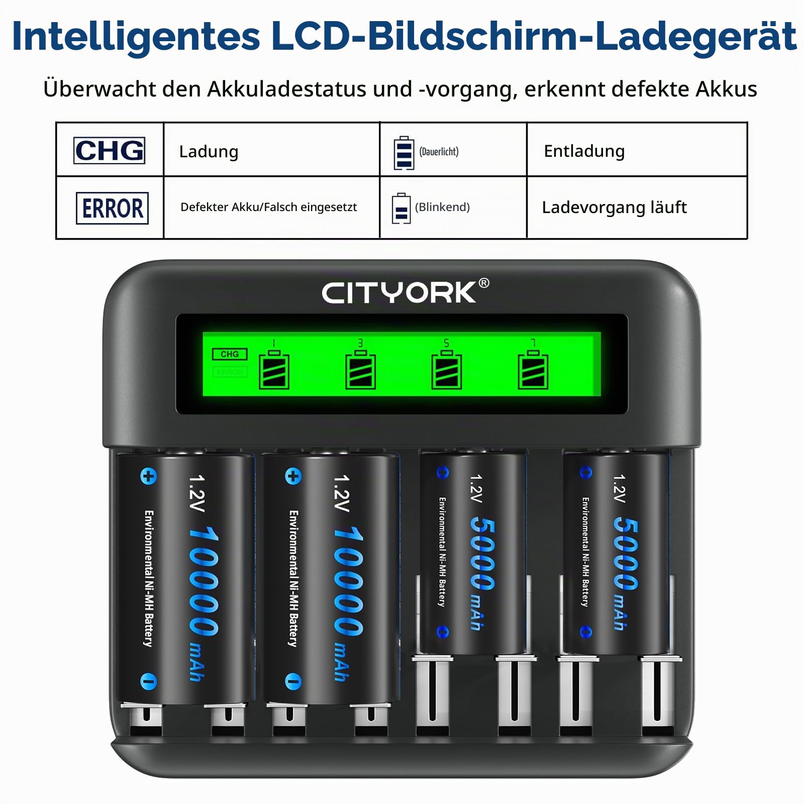 CITYORK Akku Ladegerät mit 6 D Cell 10000mAh wiederaufladbare Batterien mit 8 Slots Batterie Ladegerät für AA AAA CD NI-MH Akku LCD Anzeige