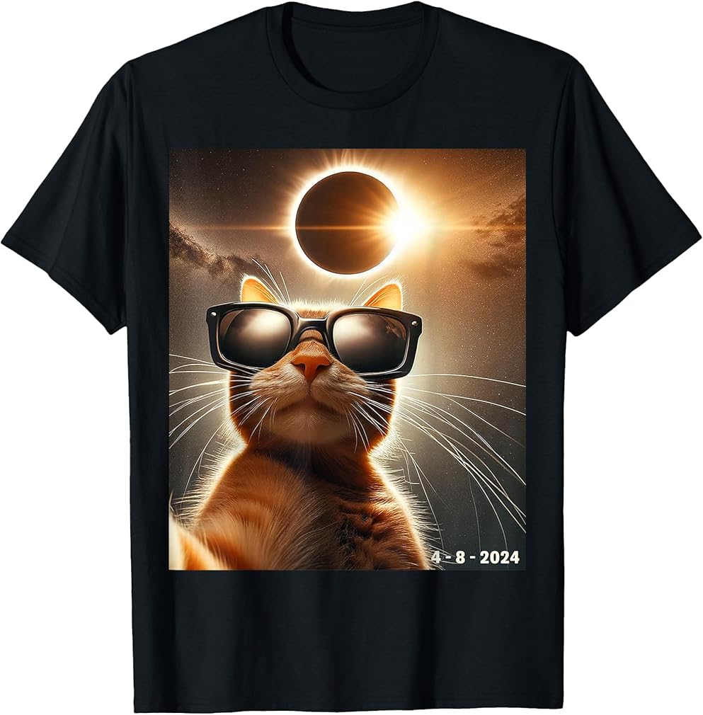 cat taking a selfie with solar 2024 eclipse wearing Glasses T-Shirt