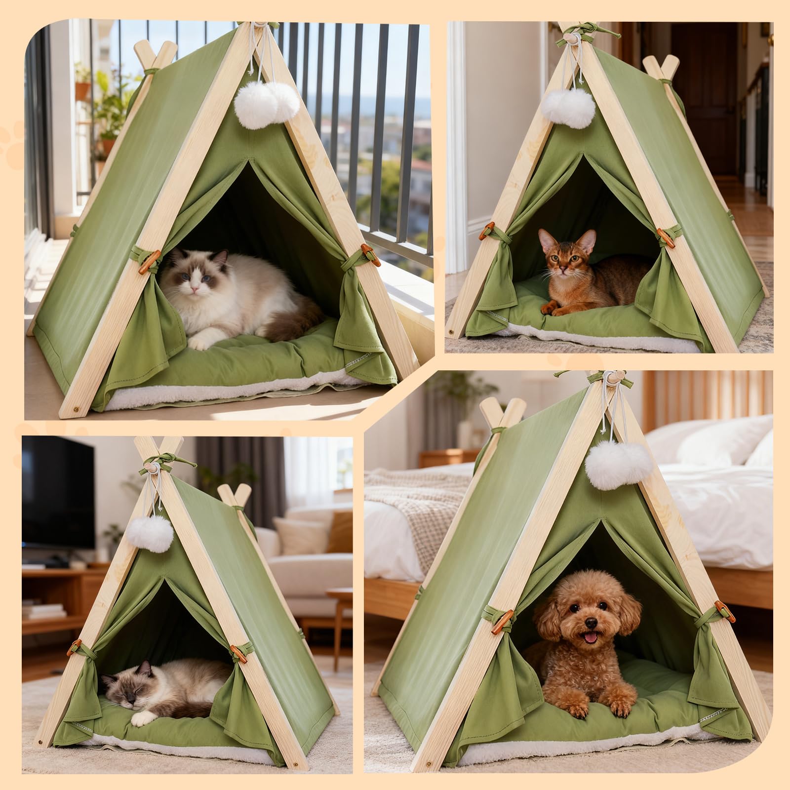 PETCUTE Tente tipi pour Chats et Petits Chiens, Pliables Tente pour Chiens avec Structure Triangulaire en Bois et Coussin Amovible, Niche d'intérieur Confortable pour Chat,Vert
