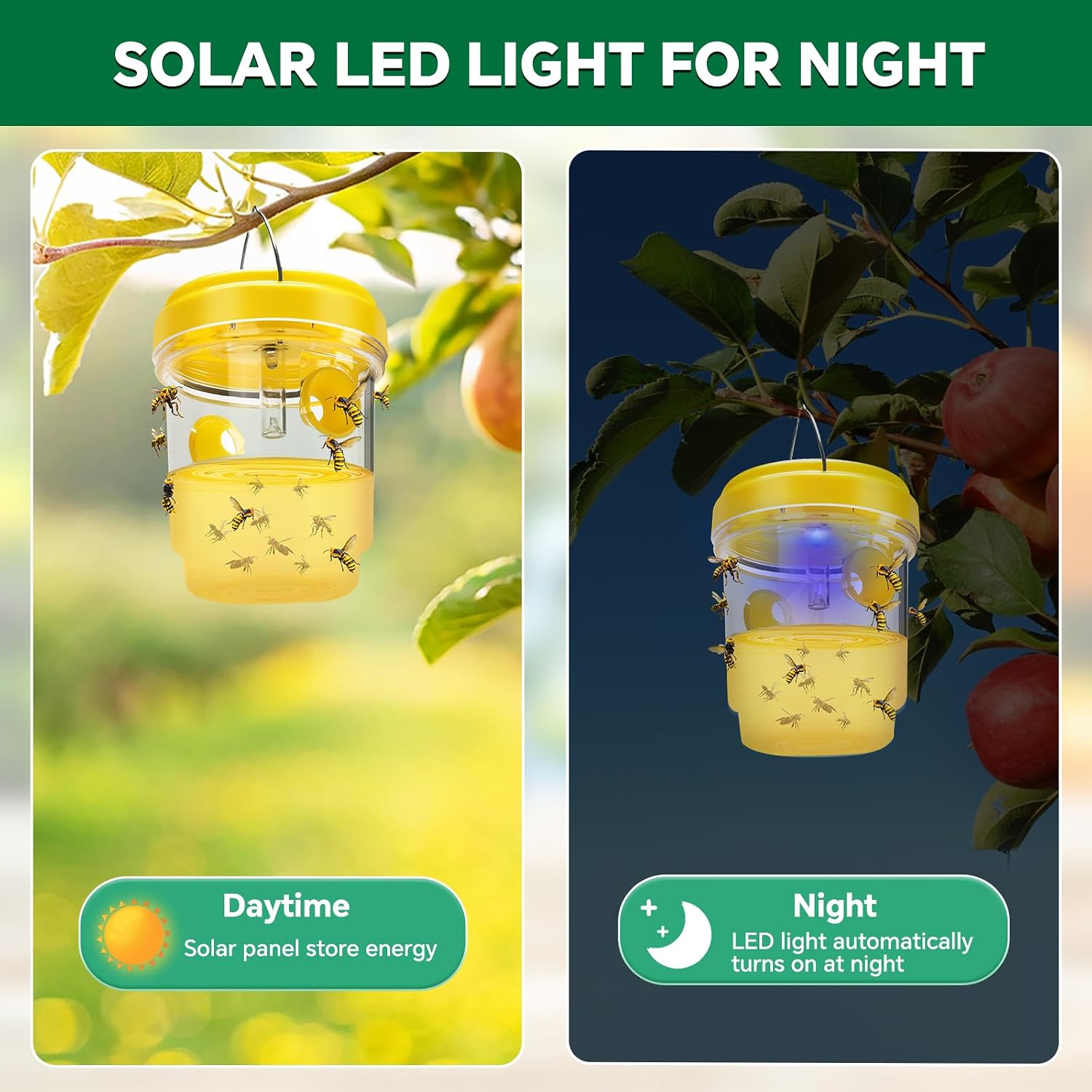 Wasp Trap, Solar Wasp Traps Outdoor Hanging, Reusable Yellow Jacket Hornet Trap with LED Light, Carpenter Bee Traps for Outside Garden, Patio, Orchard, Camping