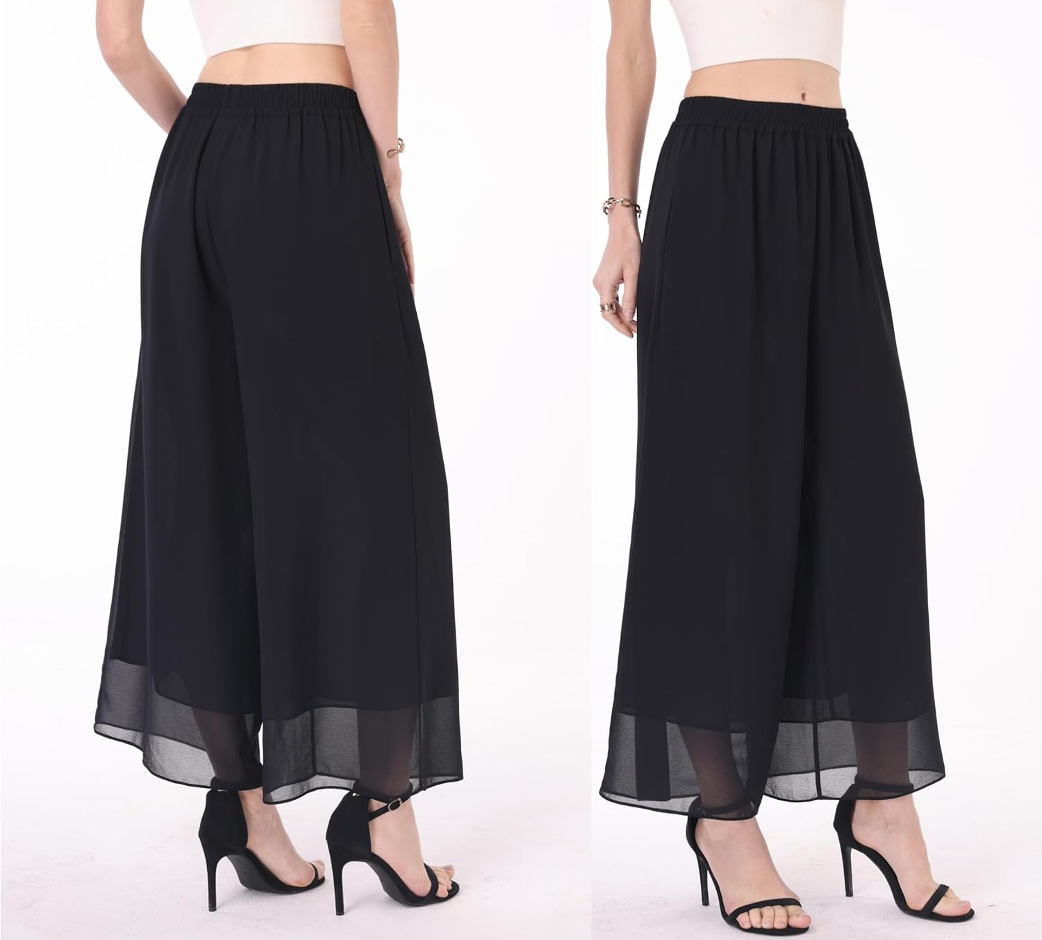 heipeiwa Women's Capris Crop Chiffon Pants Summer Beach Vacation Culottes Casual Dress Wide Leg Palazzo Pants - Image 2