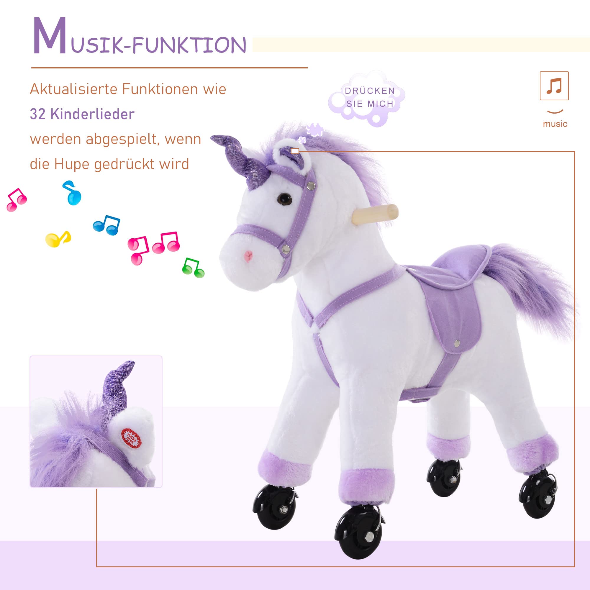 HOMCOM Reitpferd auf Rollen 60 cm Stehpferd mit Sattel, Sound Spielpferd zum Reiten Draufsitzen Schaukeltier Plüsch Pferd für Kinder ab 3 Jahre, Schaukelpferd Indoor Outdoor Lila