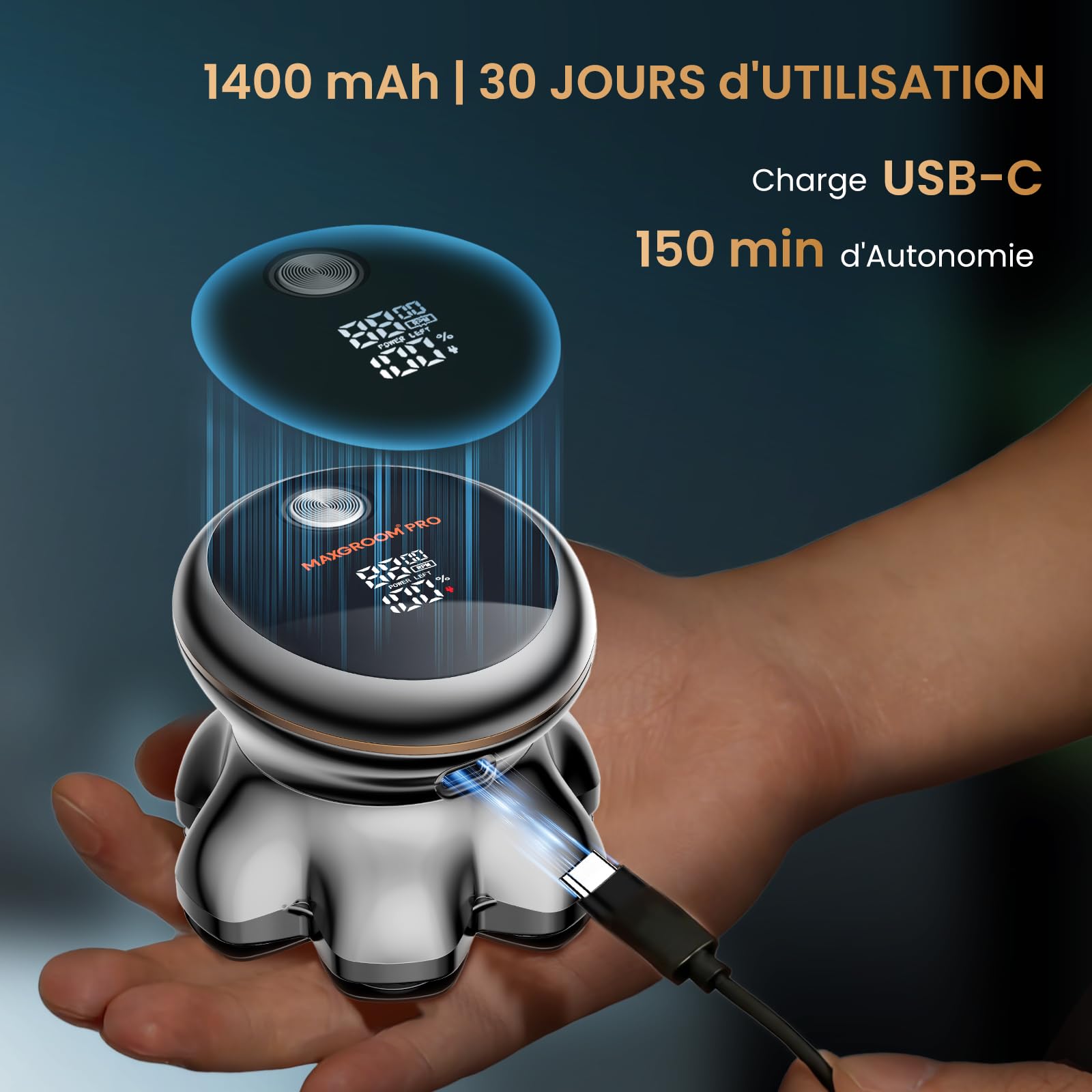 MAXGROOM 2026 Pro Rasoir Électrique Crâne pour Homme, Édition Argent, Tête Magnétique 7D, Moteur 8800 tr/min, Autonomie 140 min, Charge USB-C, Étanche IPX7, Rasage à Sec ou Humide (Argent)
