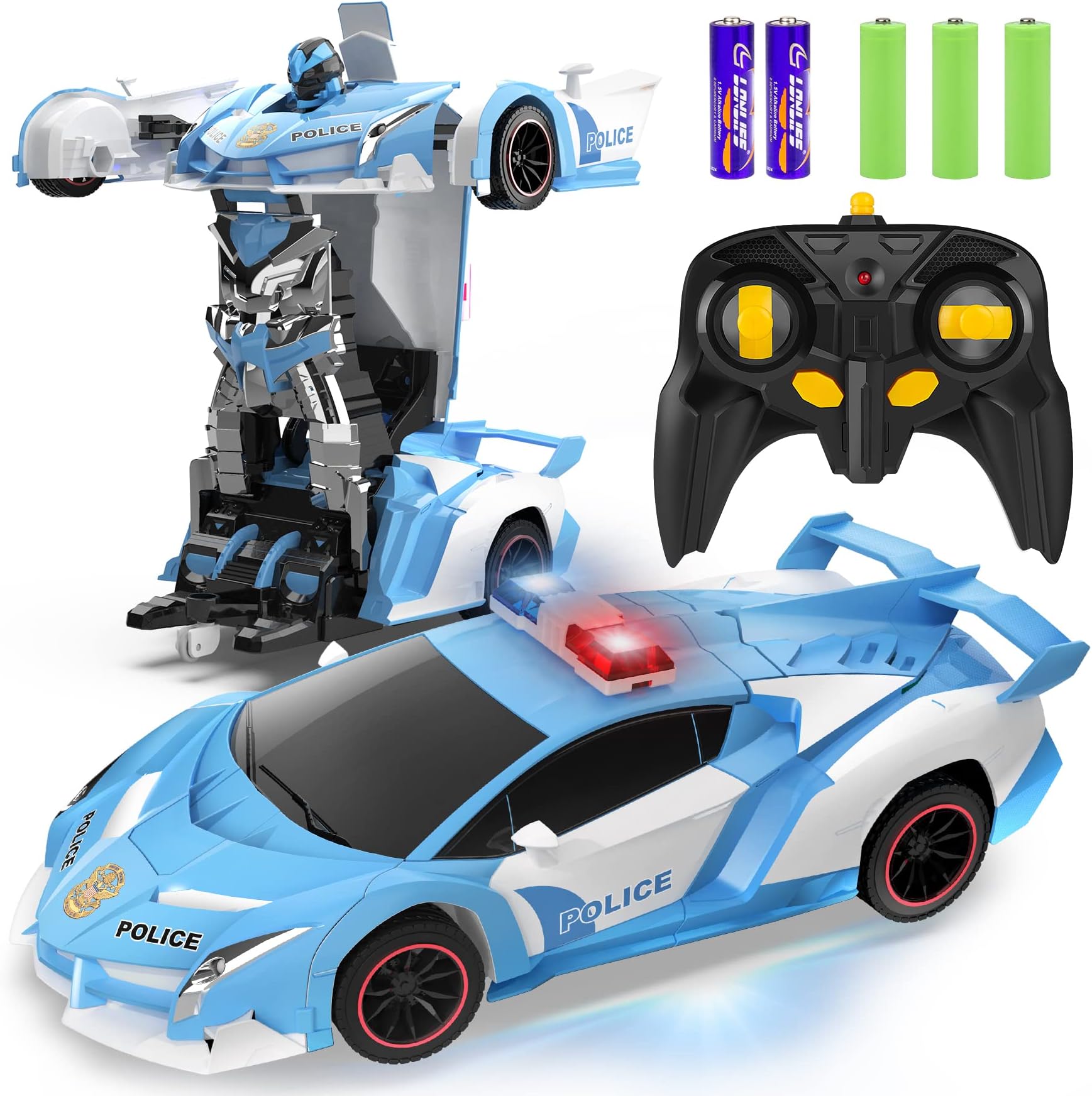 FDJ RC Cars - Transform Remote Control Car, 2.4Ghz 1:18 Scale Transforming Police Car Toy with Flashing Light, One Button Deformation 360 Degree Rotating Drifting Kids Toys Car for Boys Girls