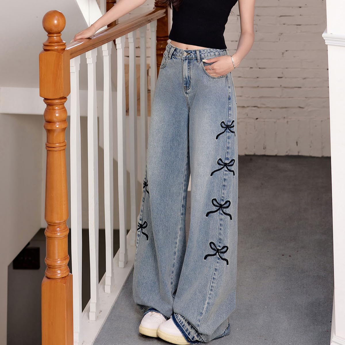 Fashion Women's Jeans Y2K High Waist Casual Vintage Baggy Straight Cut Cute Bow Embroidered Denim Pants - Image 8