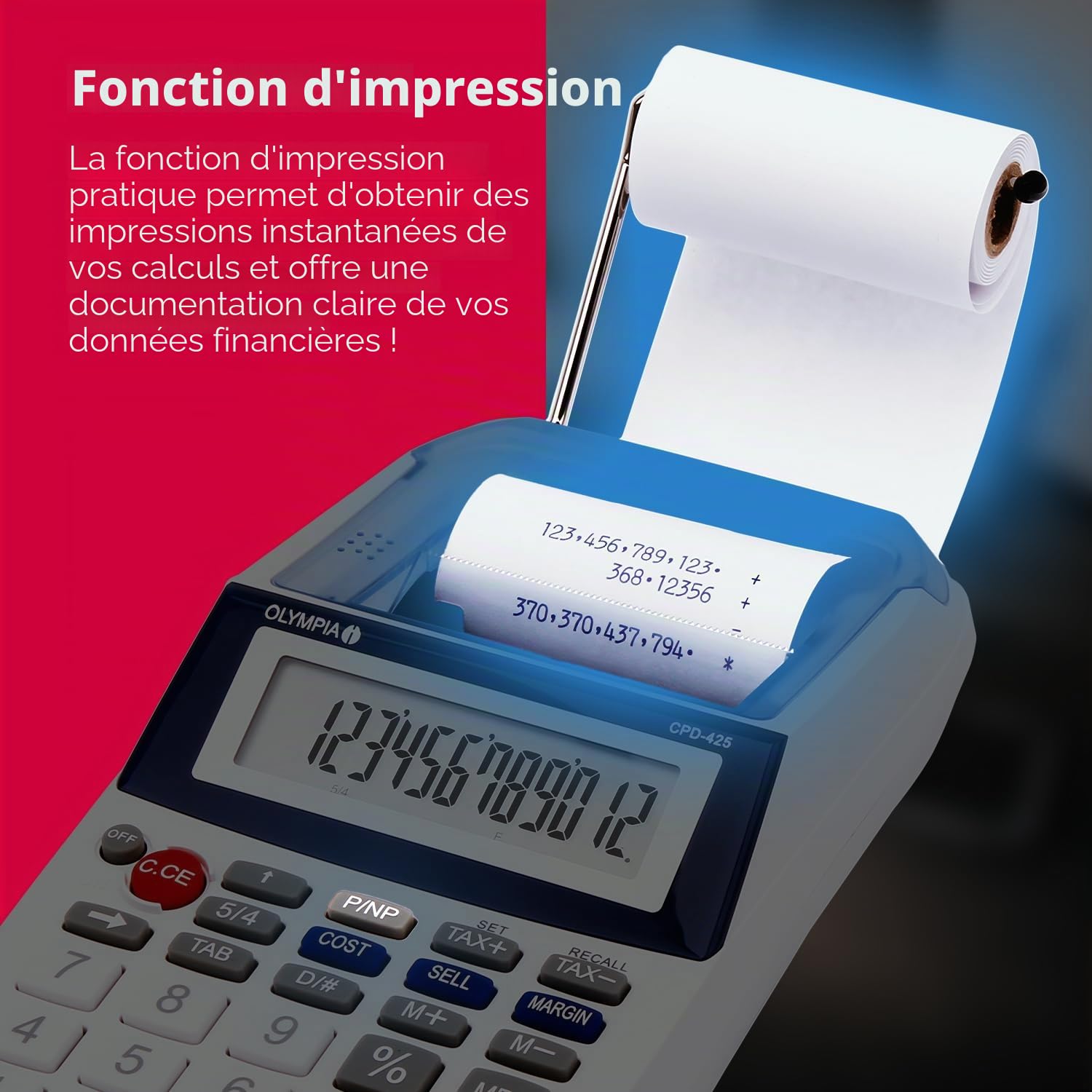 Olympia Calculatrice de bureau avec rouleau de papier, écran LCD 12 chiffres, largeur 57 mm