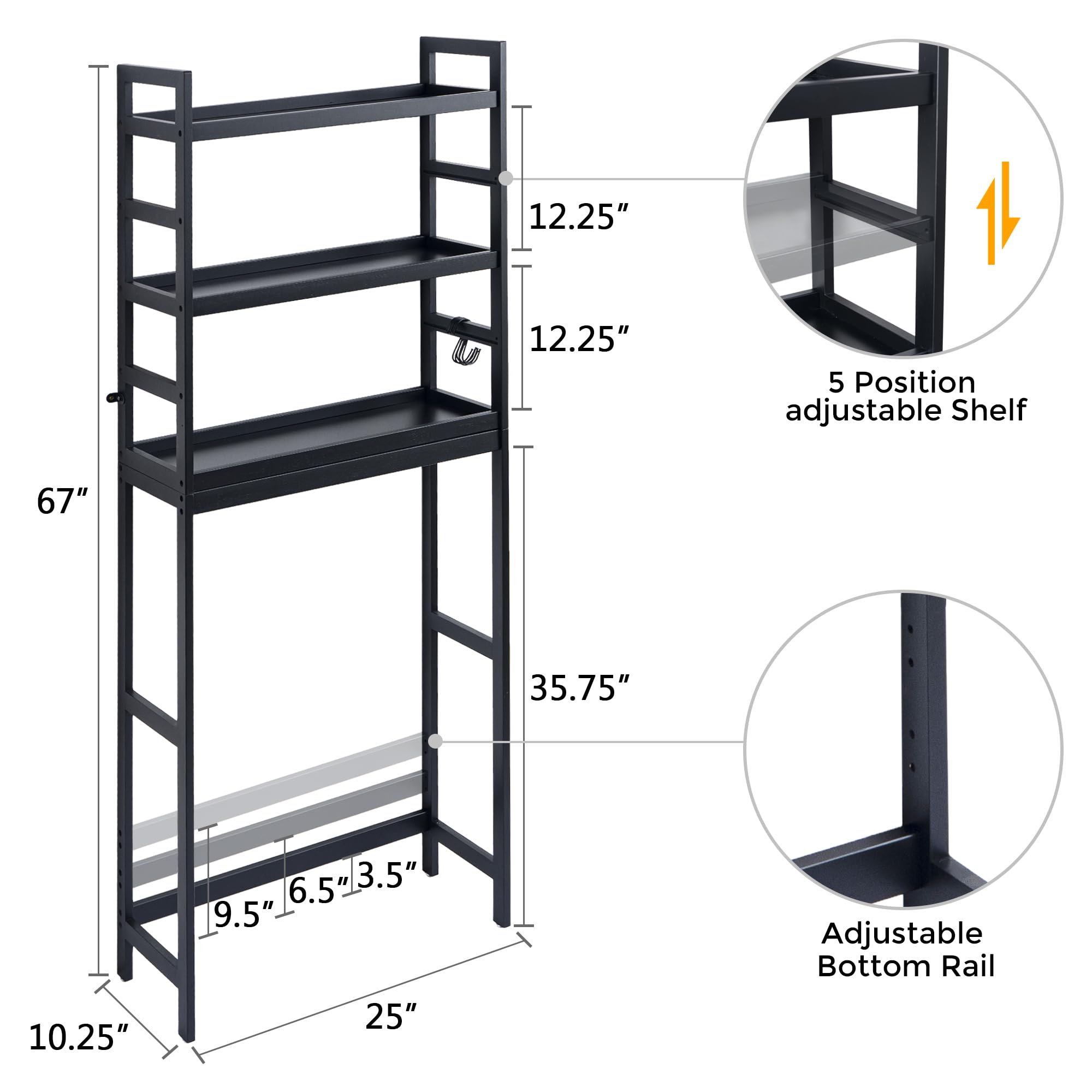 Axeman Over The Toilet Storage Shelf, 3-Tier Freestanding Storage Rack Bathroom Space Saver with Adjustable Shelves & Free Hooks, Fit Most Toilets, Easy Assembly, L25xW10.25xH67 Inches, Black
