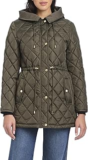 womens Water Resistant Quilted Hooded Jacket With Adjustable Waist