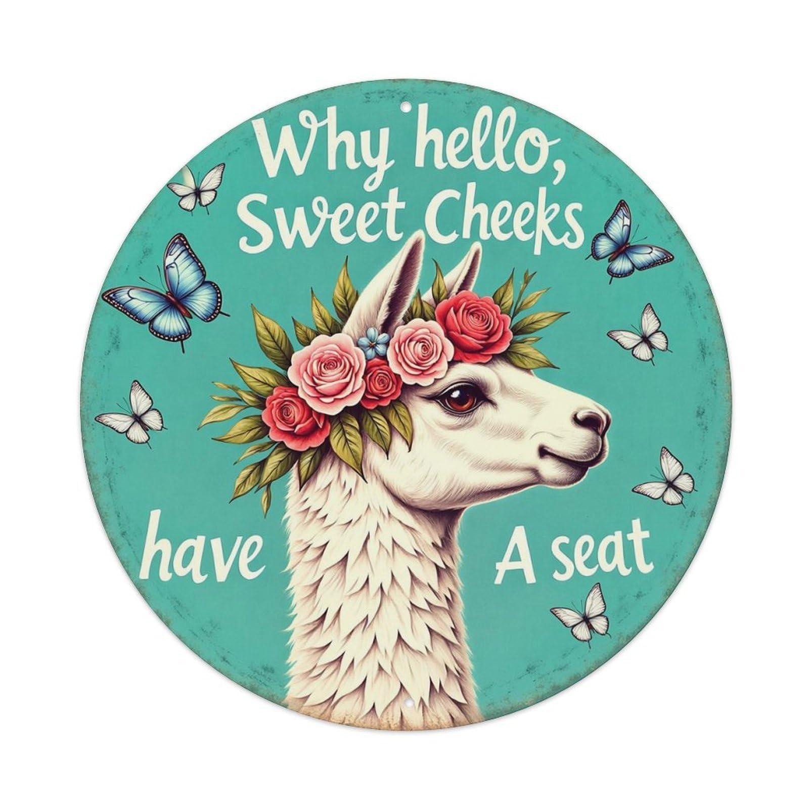 Llama With Flowers And Butterflies Round Tin Sign Vintage Metal Sign Home Bar Garden Indoor & Outdoor Wall Decor Retro Metal Poster 8x8 Inch