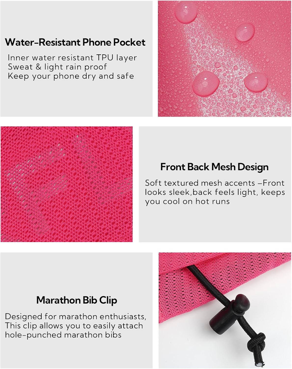 WATERFLY Running Belt Fanny Pack: Breathable 3 Pocket Waist Bag for Men Women Workout Exercise Fitness Phone Holder Fits All Phones - Runner Marathon Jogging Race Belt with Bib Clip Pink - Image 7