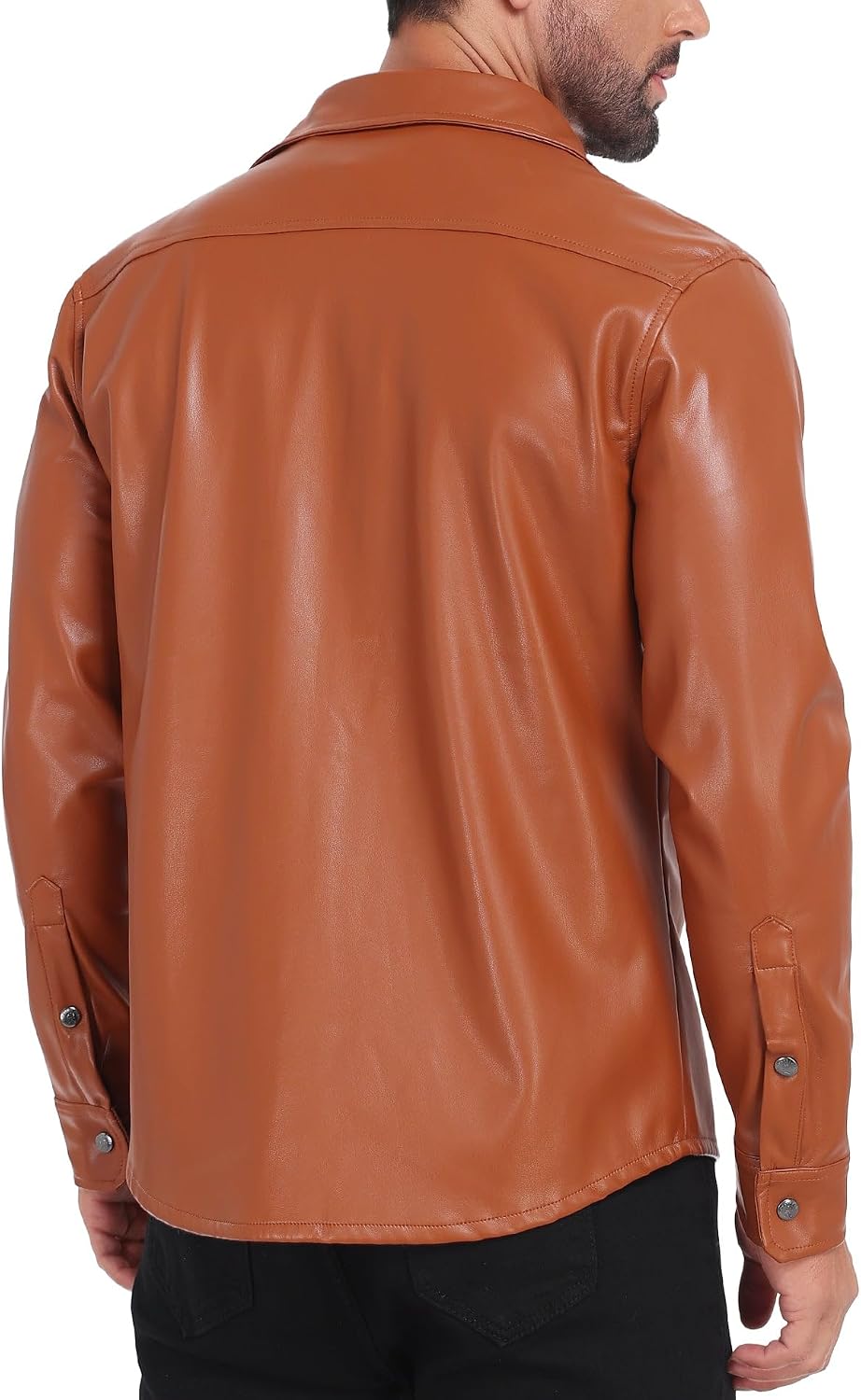 Little Donkey Andy Men's Faux Leather Jacket, Slim Fit Stretch Classic Windbreak Jacket Lapel Collar Button Down Microfleece