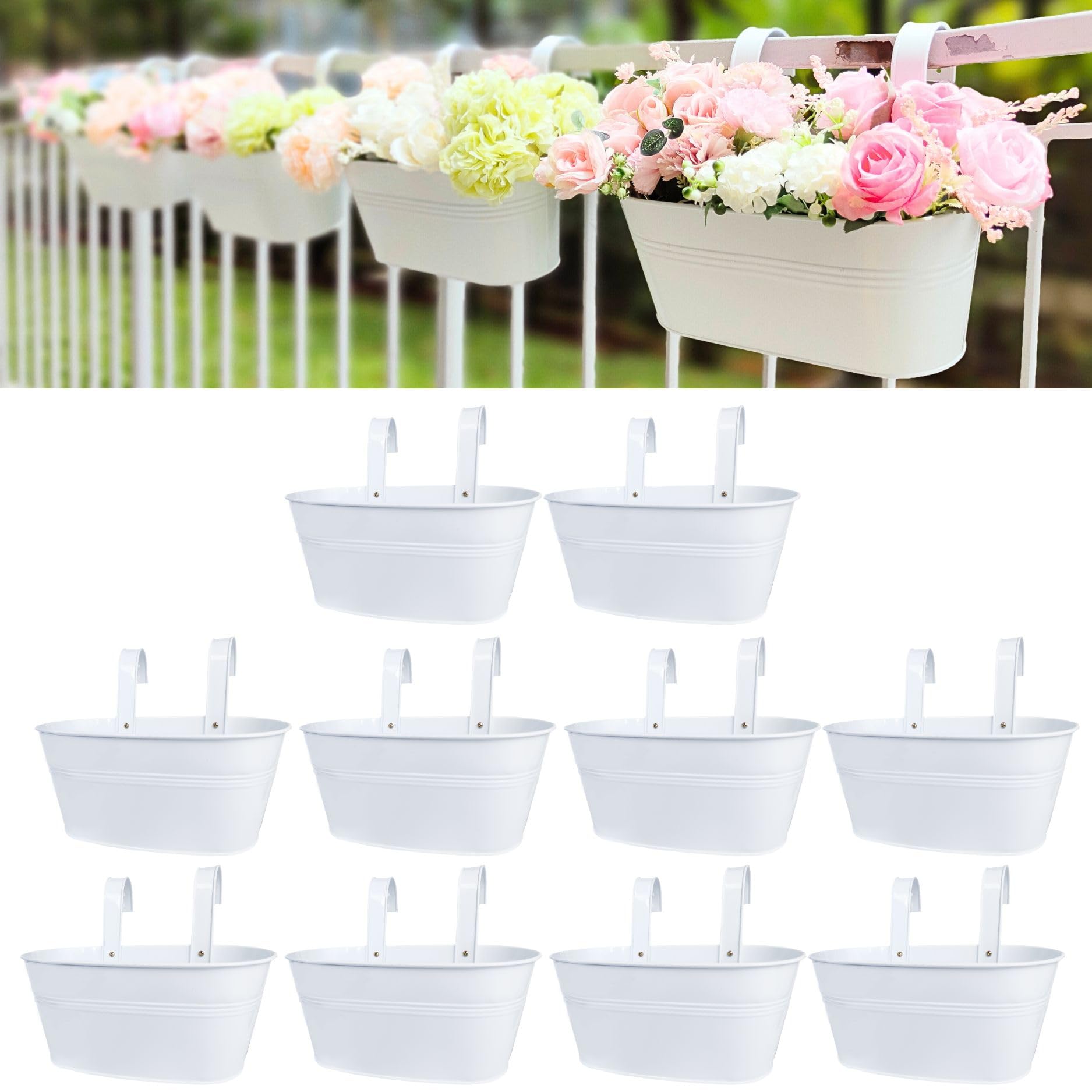 LáLáGreen Set of 10 White Iron Hanging Flower Pots for Outdoor, Terrace, Balustrade, Fence, Wall Mount, Window, Window Support with Hooks for Porch Decoration