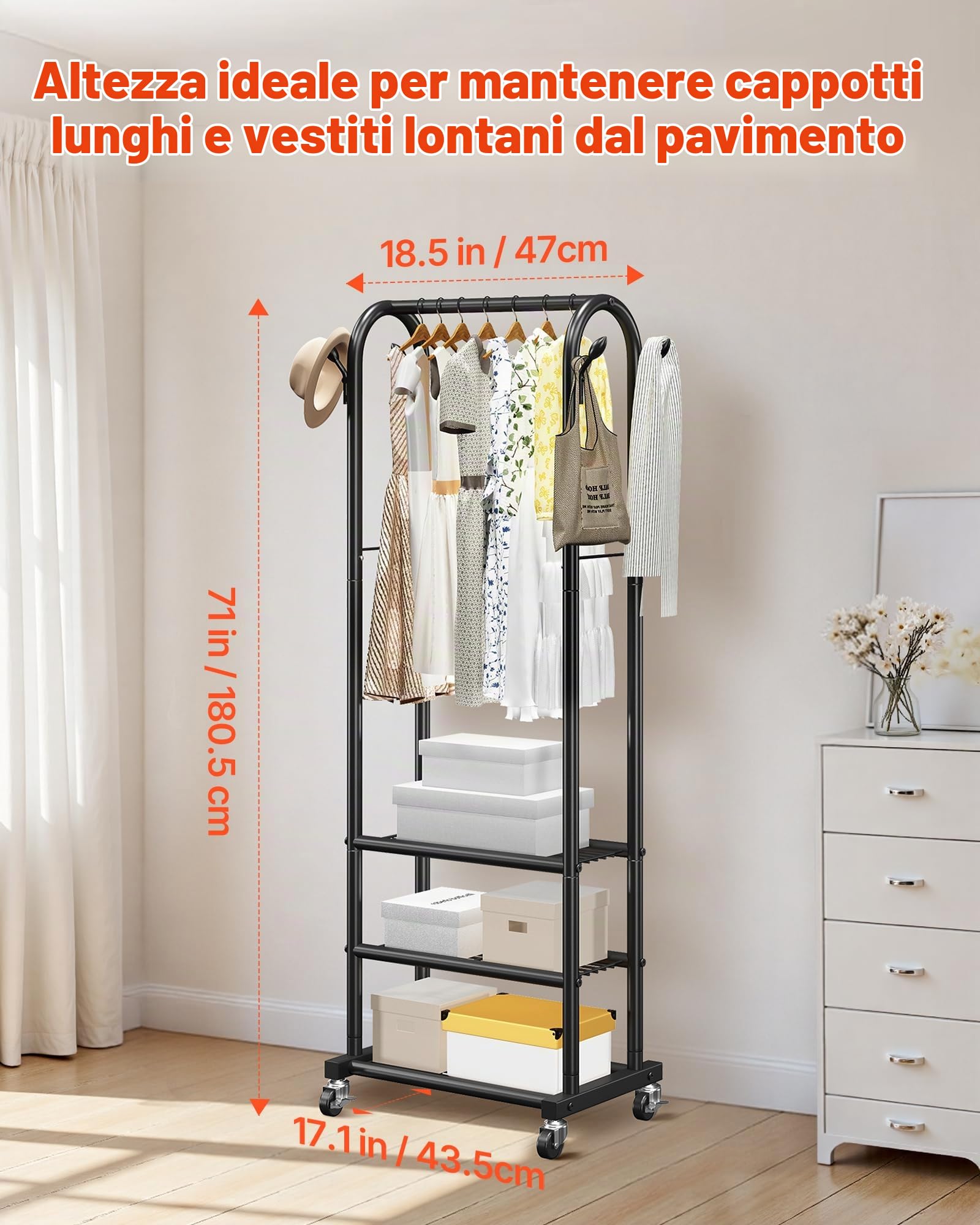 VEVOR Appendiabiti con Rotelle Barra Appendiabiti e 3 Ripiani Capacità di Carico Fino a 45 kg Robusto Appendiabiti in Acciaio al Carbonio per Camera da Letto, Lavanderia, Soggiorno, Nero