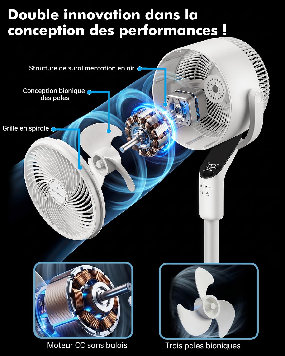 WOWDSGN 2026 Ventilateur sur pied, 22dB Ventilateur Silencieux, Vitesse du Vent 7.2 m/s, Oscillation 70°+80°, 8 Vitesses de Vent, 3 Modes, Avec Fonction Minuterie et Hauteur Réglable (Blanc)