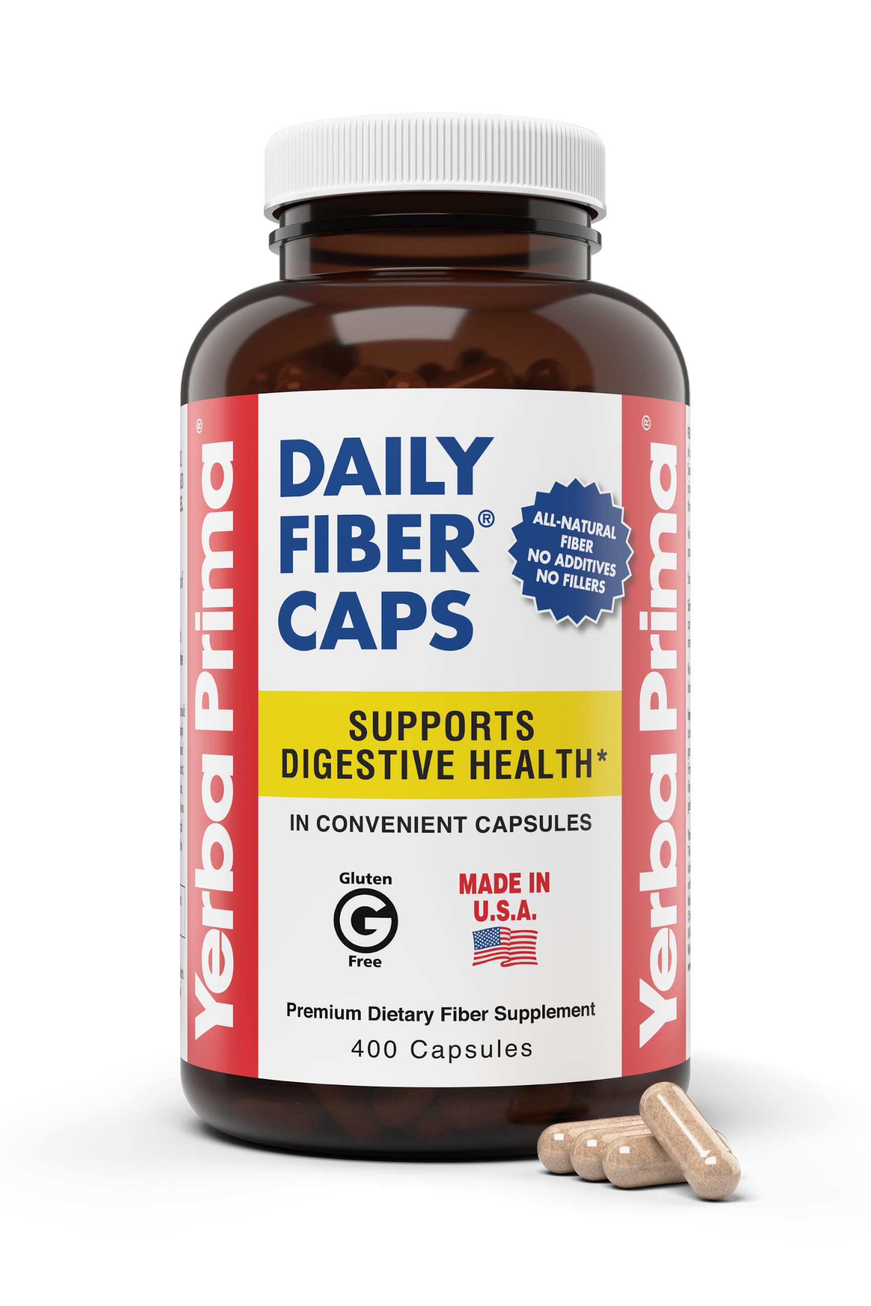 Yerba Prima Daily Fiber Caps Formula, 400 Capsules - Both Soluble and Insoluble - with Psyllium Seed Husks, Acacia Gum, Apple Fiber and More - Dietary Supplement 400 Count (Pack of 1)