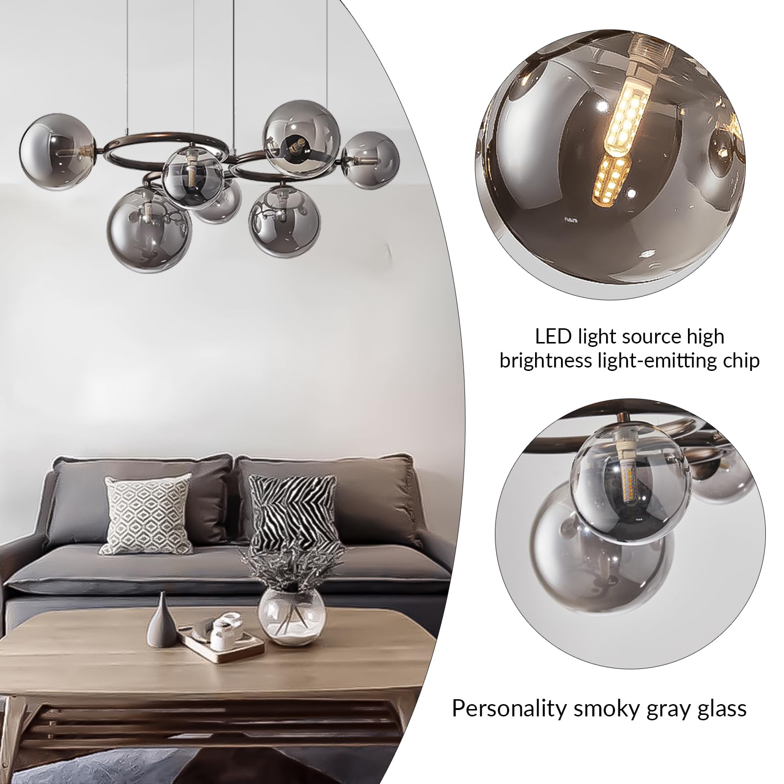 lamp Lampadario in vetro fumé a 7 teste con lampadari anulari a 3 anelli for soffitti alti paralume Magic Bean moderno di metà secolo for sala da pranzo/soggiorno/camera letto/cucina (nero) lampada