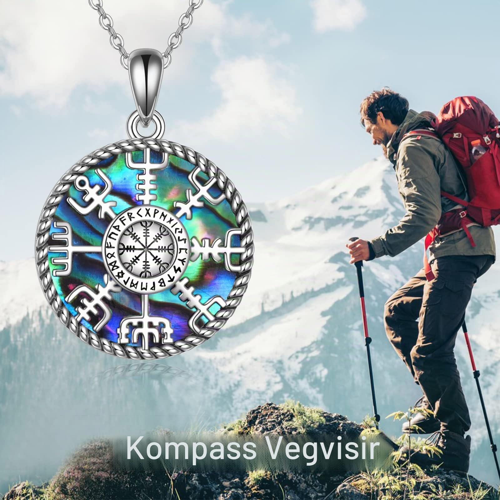 Wikinger Kompass Halskette Sterlingsilber Runen Vegvisir Anhänger Halskette Abalone Muschel Nordic Amulett Schmuck Geschenke für Frauen
