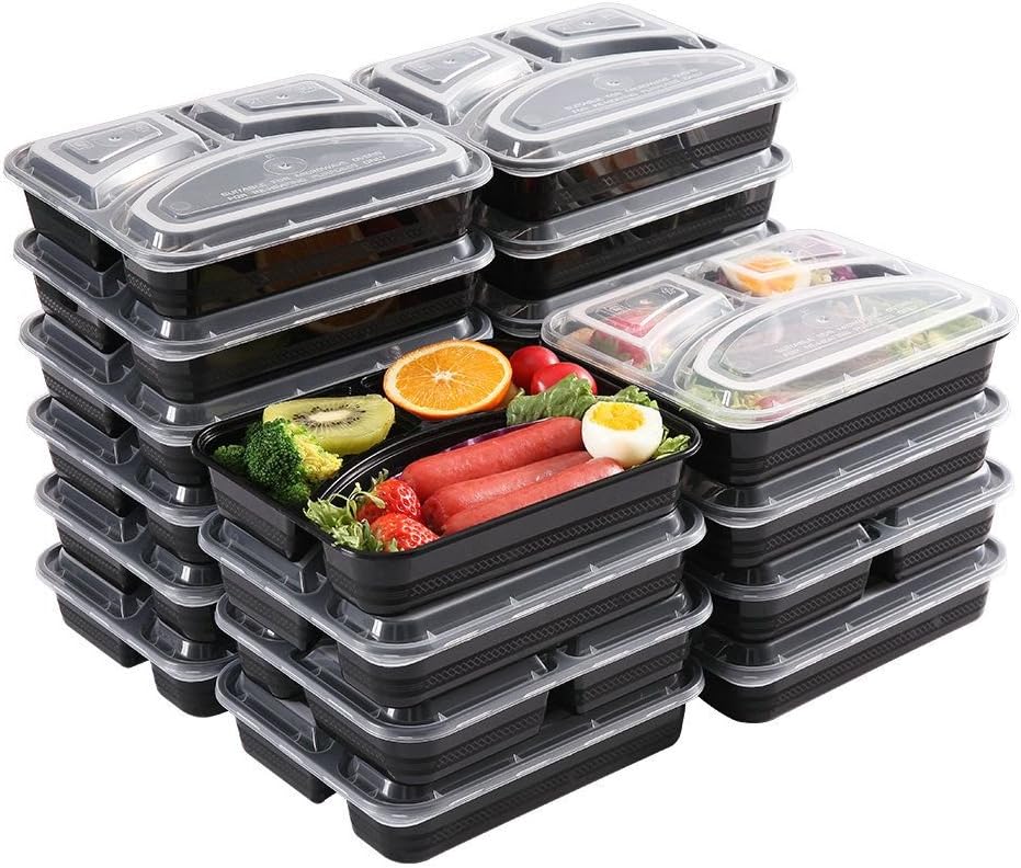 Meal Prep Containers [20 Pack] 3 Compartment Food Storage Containers,BPA Free,Stackable Bento Box,Containers Microwavable,Freezer,and Dishwasher Safe,Lunch Containers(32 oz)