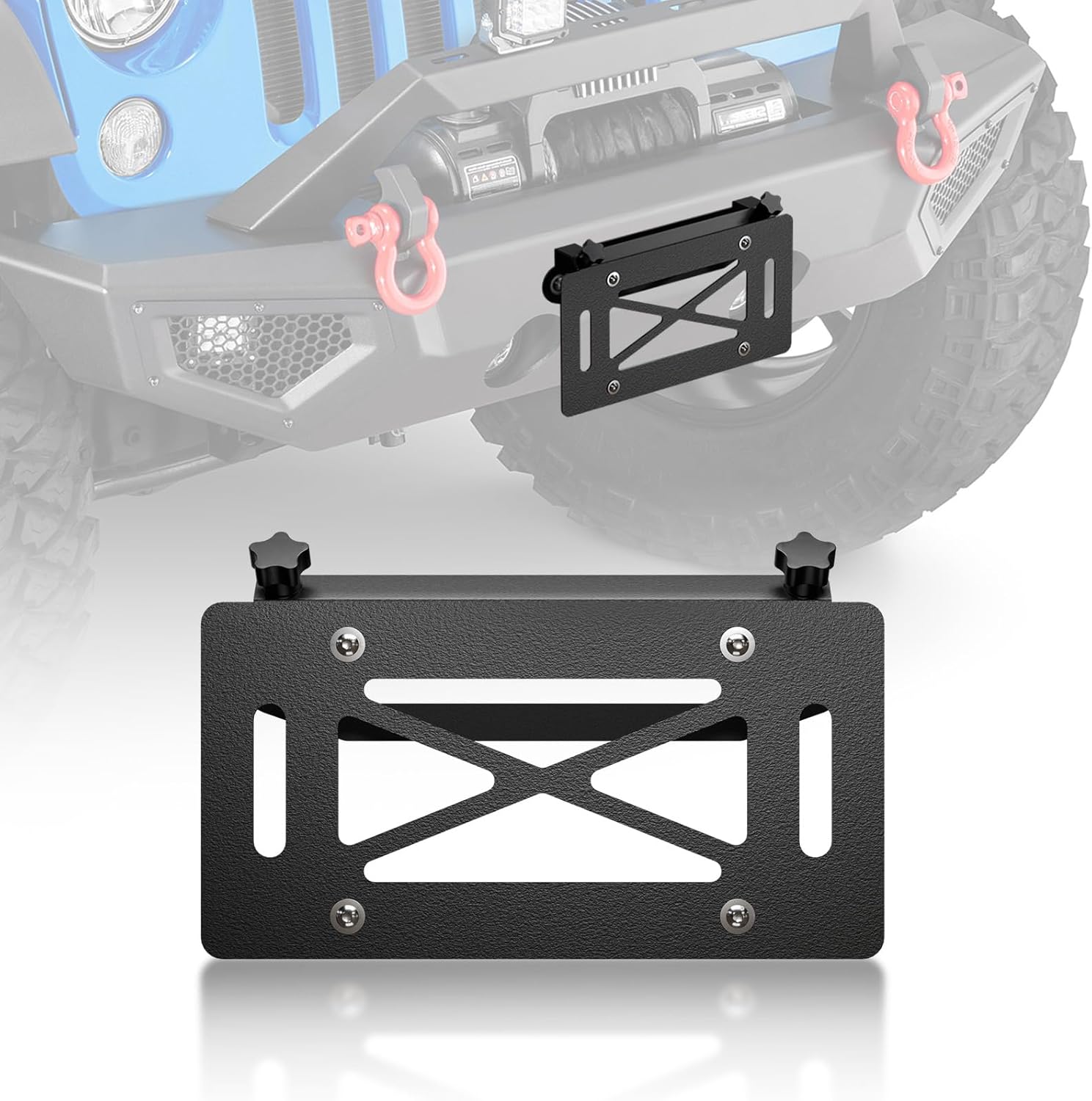 Universal Winch Mount Front License Plate Frame Compatible with 10" Hawse Fairlead, Quick Disassembly License Holder Bracket Relocation, Bumper Winch Mounting, Fits Most Cars Trucks SUVs