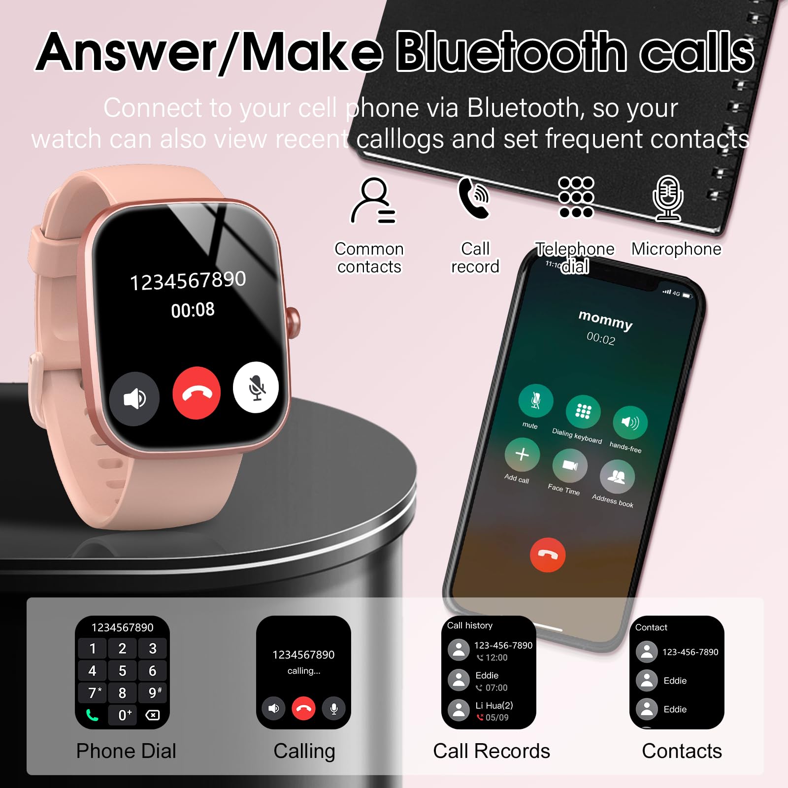 Csasan Smartwatch Uomo Donna con Effettua/Risposta Chiamate, 1.91'' HD Orologio Smartwatch con Contapassi/Sonno/Cardiofrequenzimetro, 110+ Modalità Sportive Fitness Tracker Impermeabile IP68, Rosa