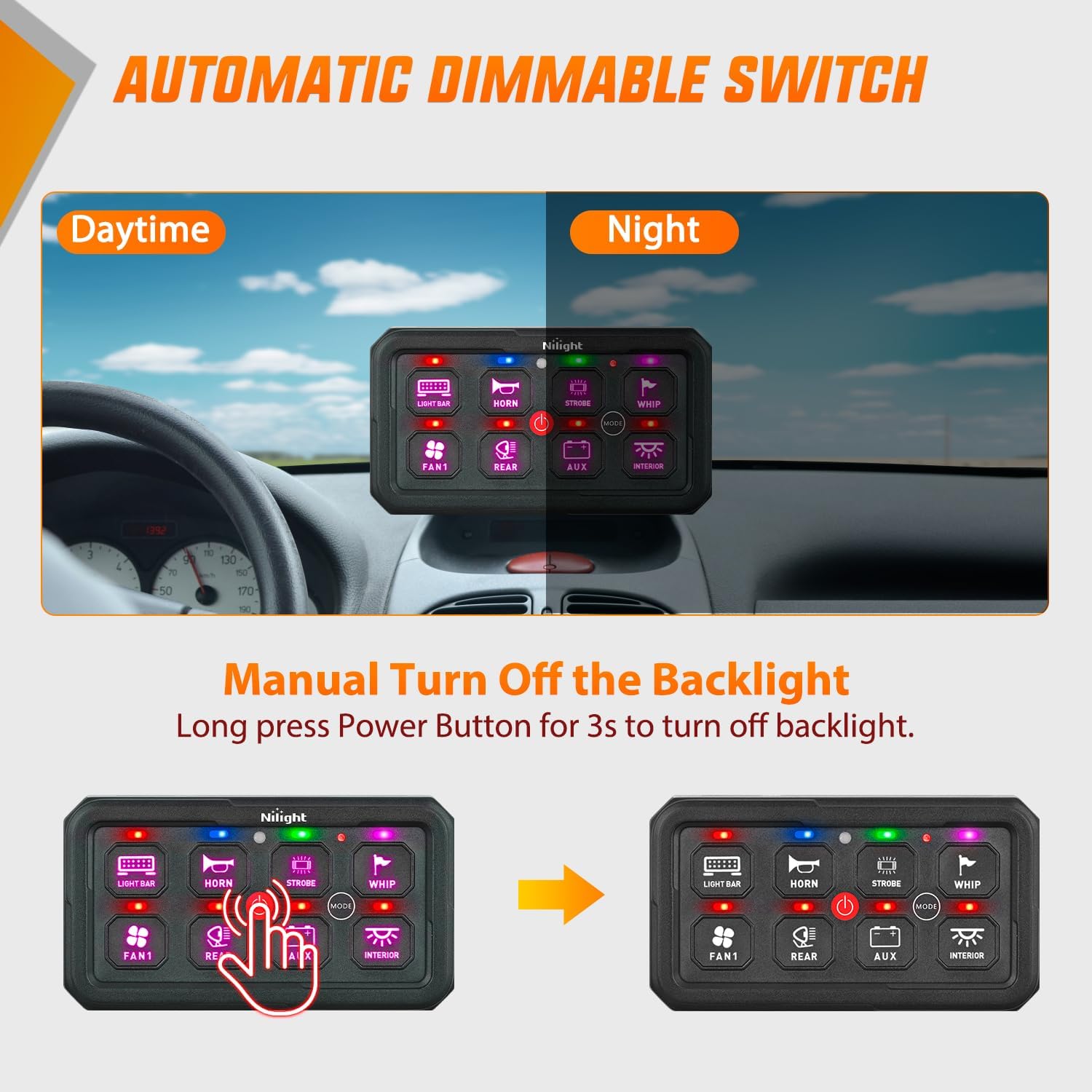 Nilight 8 Gang Switch Panel Circuit Control Relay System APP RGB Backlight Double Row Fuse Wiring Harness Toggle Momentary Strobe Flash Modes Automatic Dimmable 12V 24V for Car Truck Camper SUV