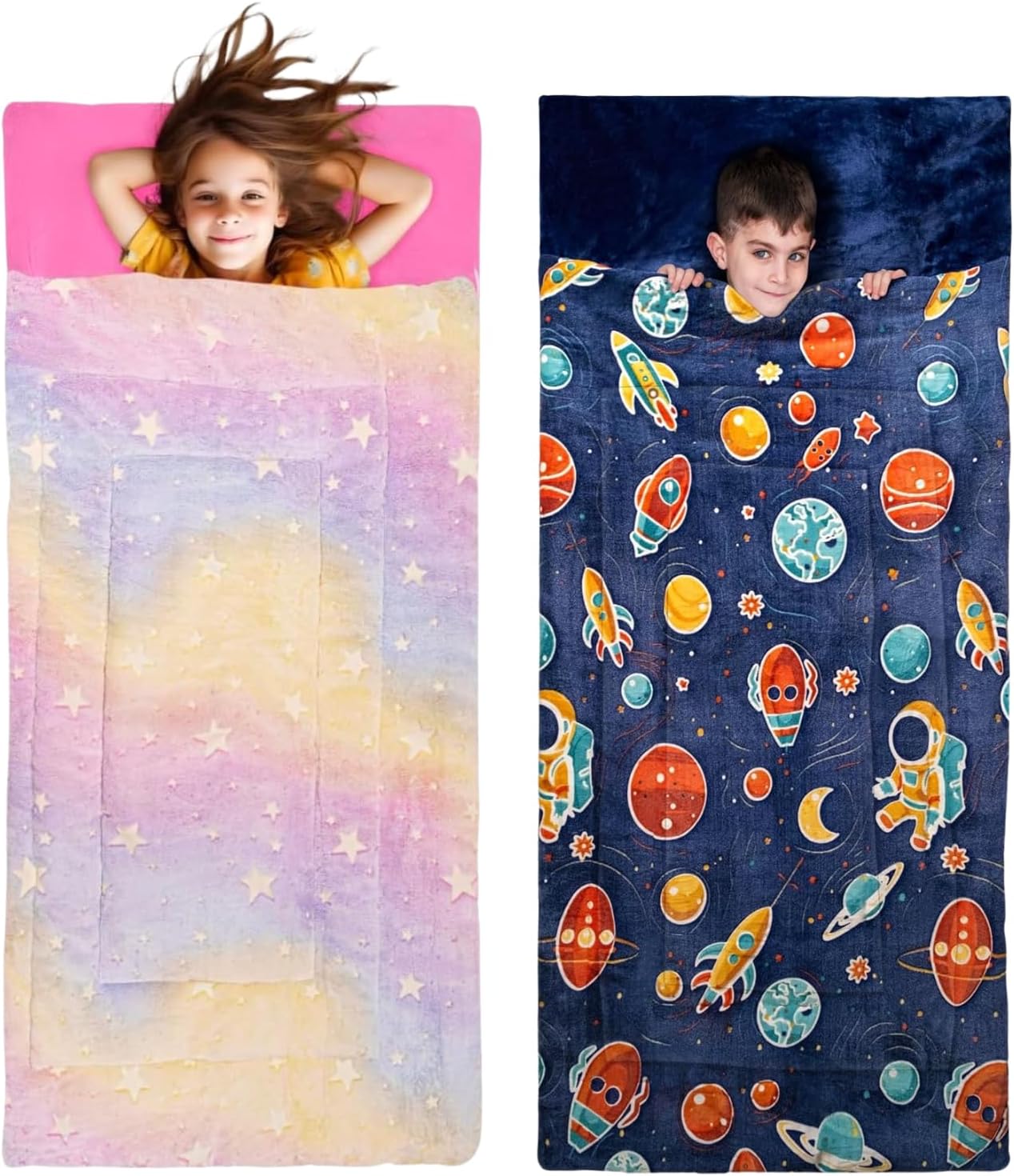 Glow-in-The-Dark Sleepover Bundle: Rainbow & Space Sleeping Bags
