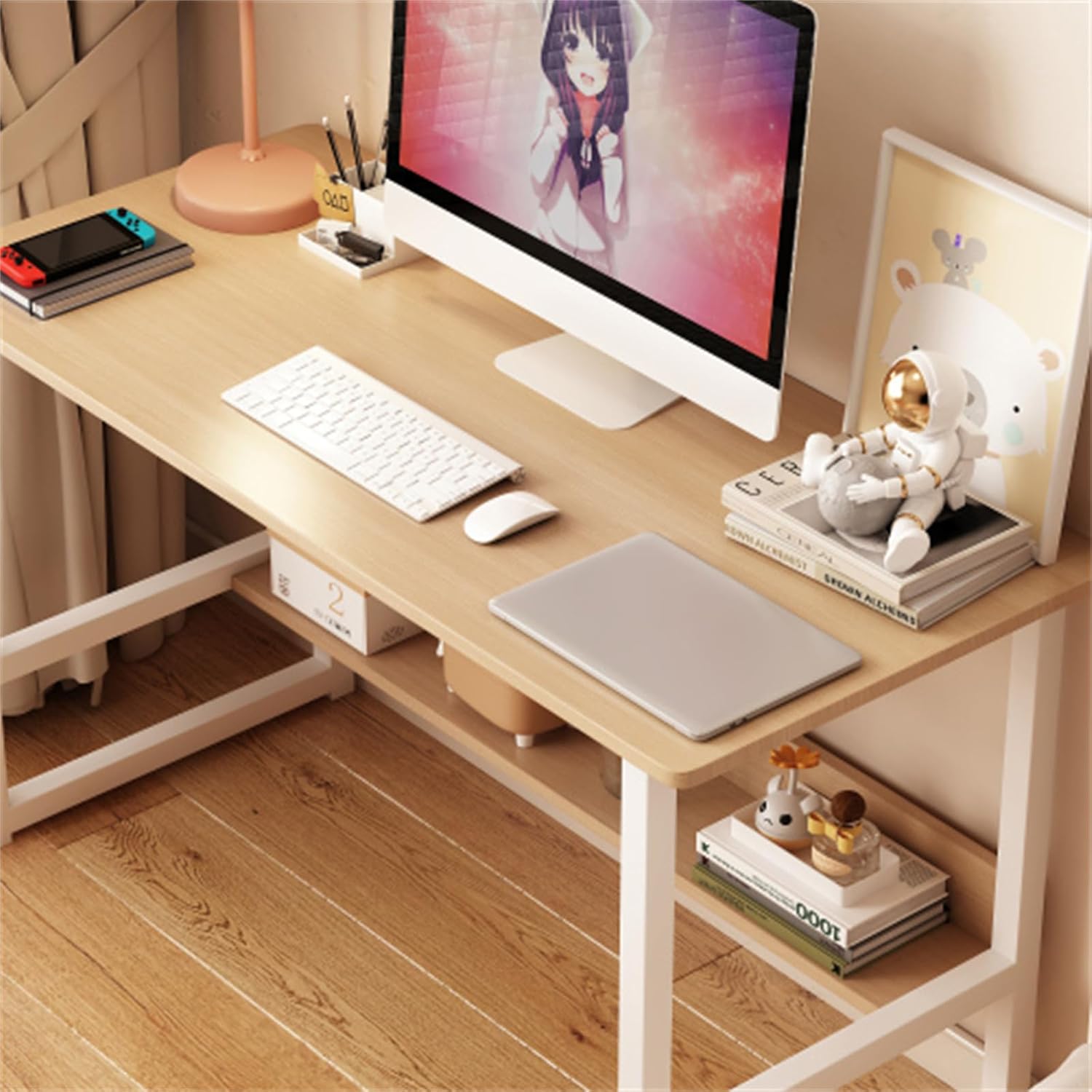 39.40 Inch Computer Desk, Simple Desk for Home, Home Study Desk for Students, Home Office Desk with Bookshelf, Storage Rack, Light Oak Color