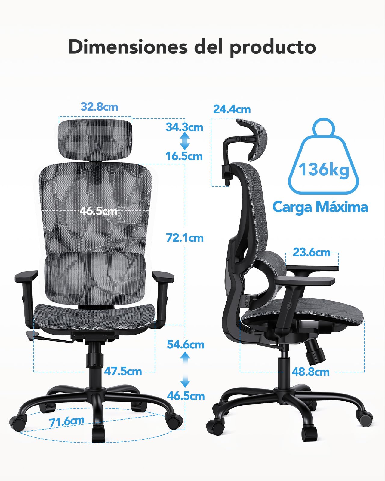 Silla de Oficina ergonómica de Malla HUANUO, Silla de Escritorio de Respaldo Alto con Soporte Lumbar Ajustable, reposabrazos, Mecanismo de balanceo, Silla ergonómica de Gaming de Malla