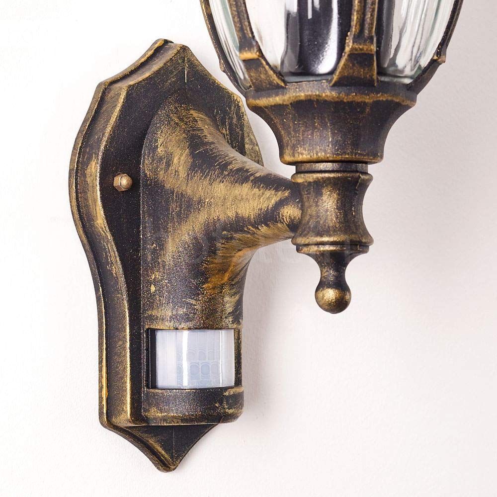 Lampada da parete per esterni Ribadeo, rilevatore di movimento, lampada verso l'alto in stile antico, alluminio fuso in marrone/oro, vetri, per terrazza/giardino, E27, retro/vintage, senza lampadina/e