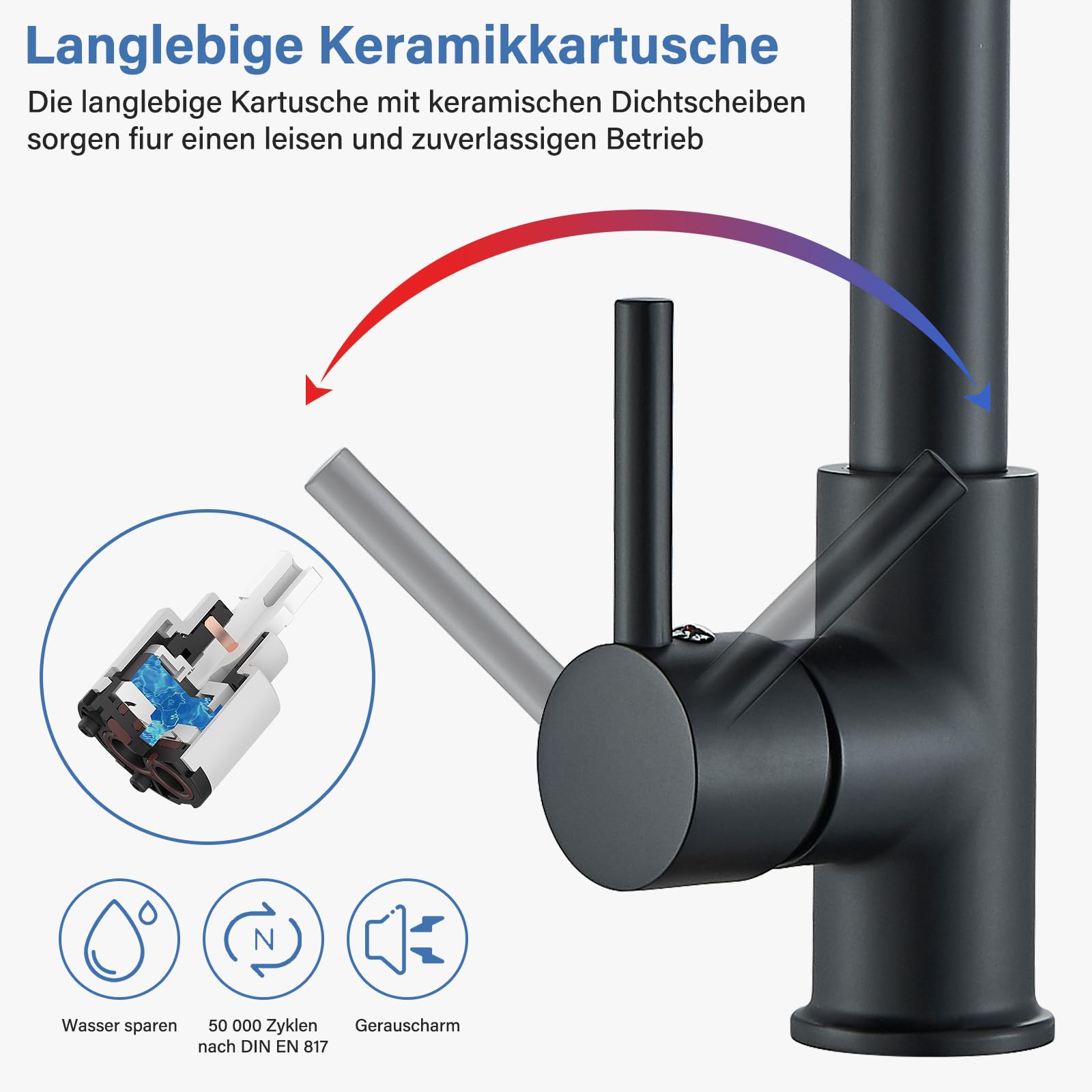 Niederdruck Armatur Küche Schwarz Wasserhahn Herunterziehbare Brause Niederdruck Küche 360° Drehbar Wasserhahn Küche Küchenarmatur mit 3 Schläuche Kaltem und Heißem Wasser Vorhanden