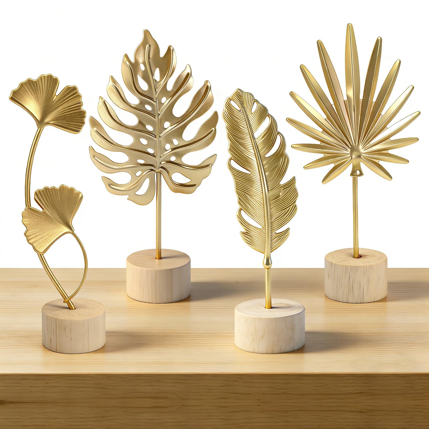 4 Feuilles Deco Doree en Métal Bibelot Decoratif Creative avec Plume Feuille de Monstera Feuille de Bambou Ginkgo Leaf Statue pour Salon Bureau Decoration Maison Cadeau Anniversaire Eménagement