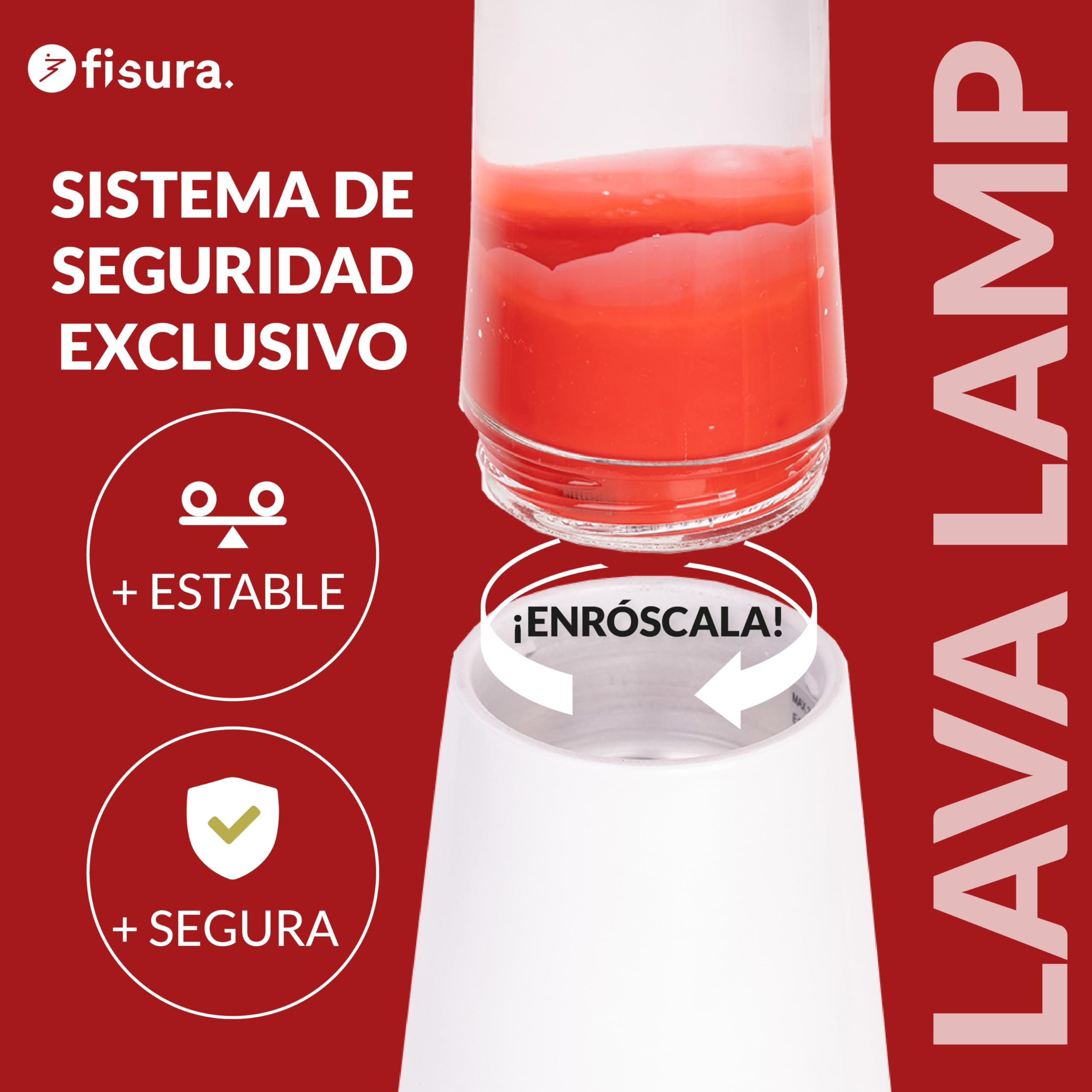 Fisura – Lámpara de lava roja y blanca. Base blanca, líquido transparente y lava roja. Lámpara con efecto relajante. Incluye bombilla de repuesto. 11 cm x 11cm x 41,5 cm.