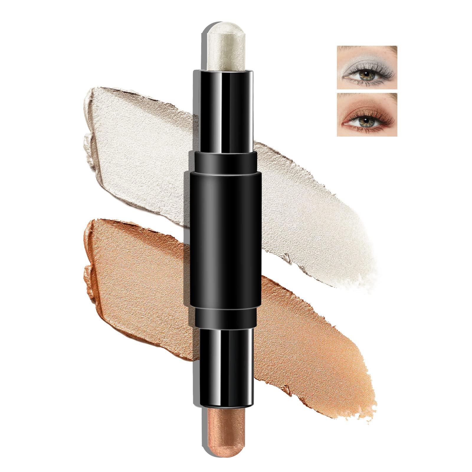 Boobeen 2 tonos de sombra de ojos en barra, lápiz de sombra de ojos en crema metálica, lápiz iluminador de ojos con purpurina, iluminador de ojos multifunción, larga duración