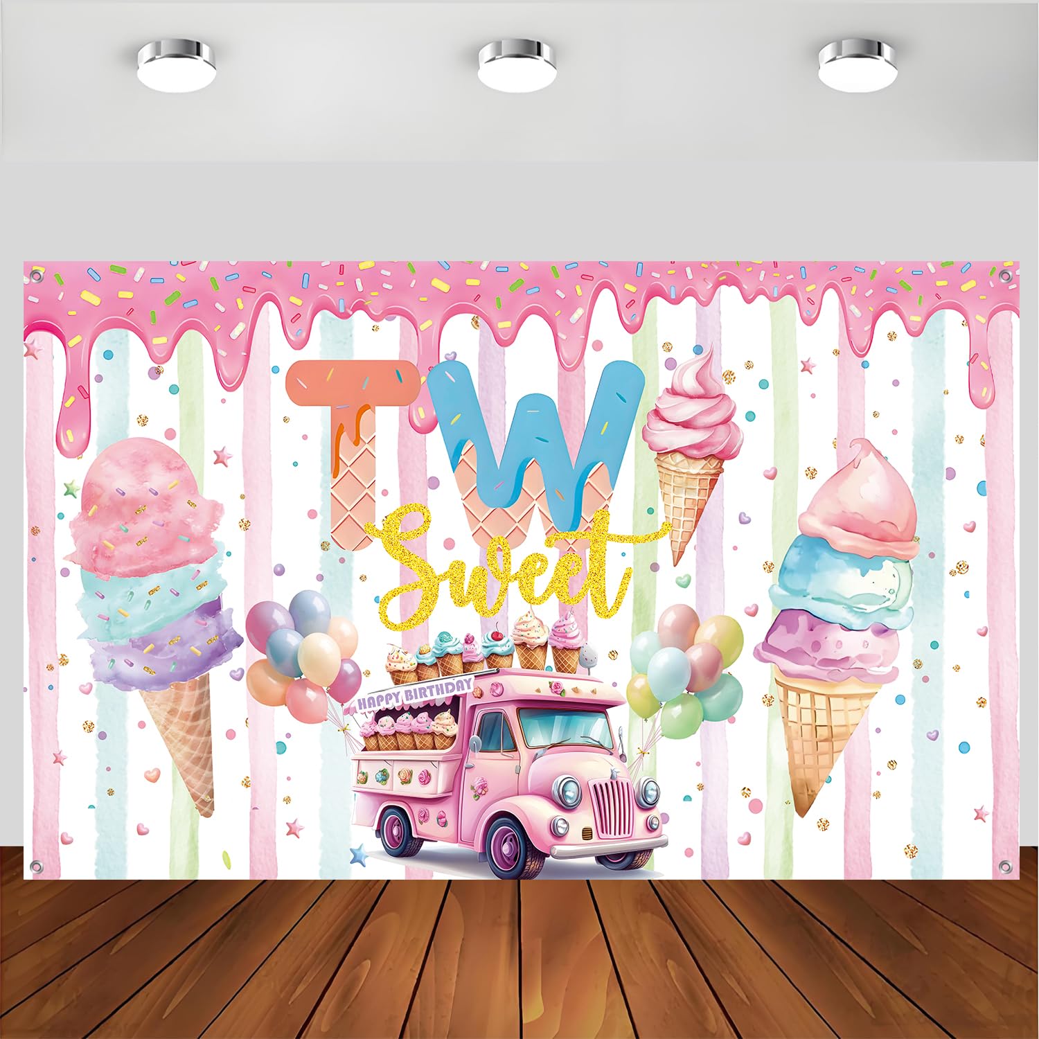 Ice Cream 2nd Birthday Party Decorations, Ice Cream Truck 2nd Birthday Backdrop Banner, Two Sweet Birthday Party Supplies for Photoshoot Photography