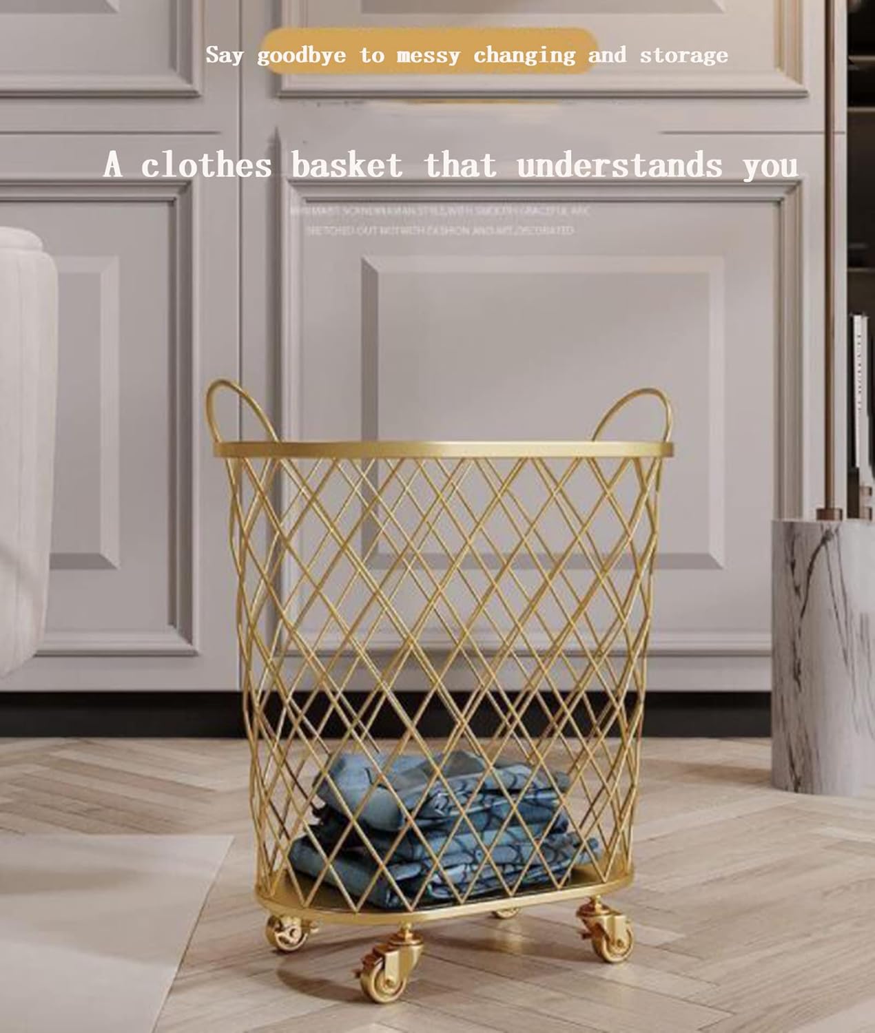 QQXX 360 Laundry Hamper with Wheels,Round Mesh Metal Rolling -Iron Scandinavian ins Bathroom Dirty Clothes Basket Toy Storage Frame, Gold, (1671979), 55x45x38.5cm(21.65x17.7x15.15inch)