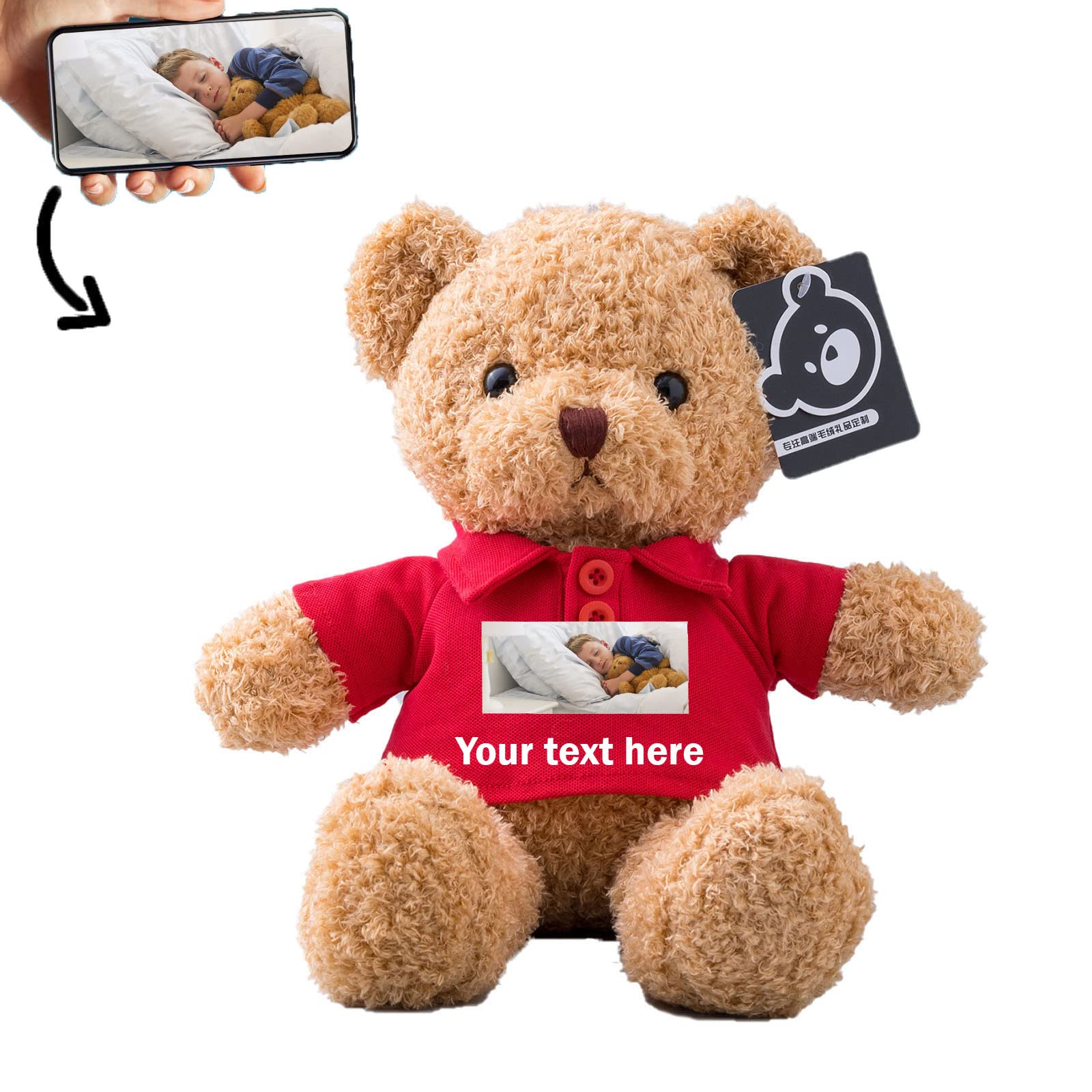 Personalised Teddy Bear with Customised Text+Image, Name or Date, Bear Stuffed Animal Plush Toys as Personalised Gifts for Christmas/ Birthday/ Valentines' Day/ Anniversary (16 inch-Short Sleeve-Red) — image 1