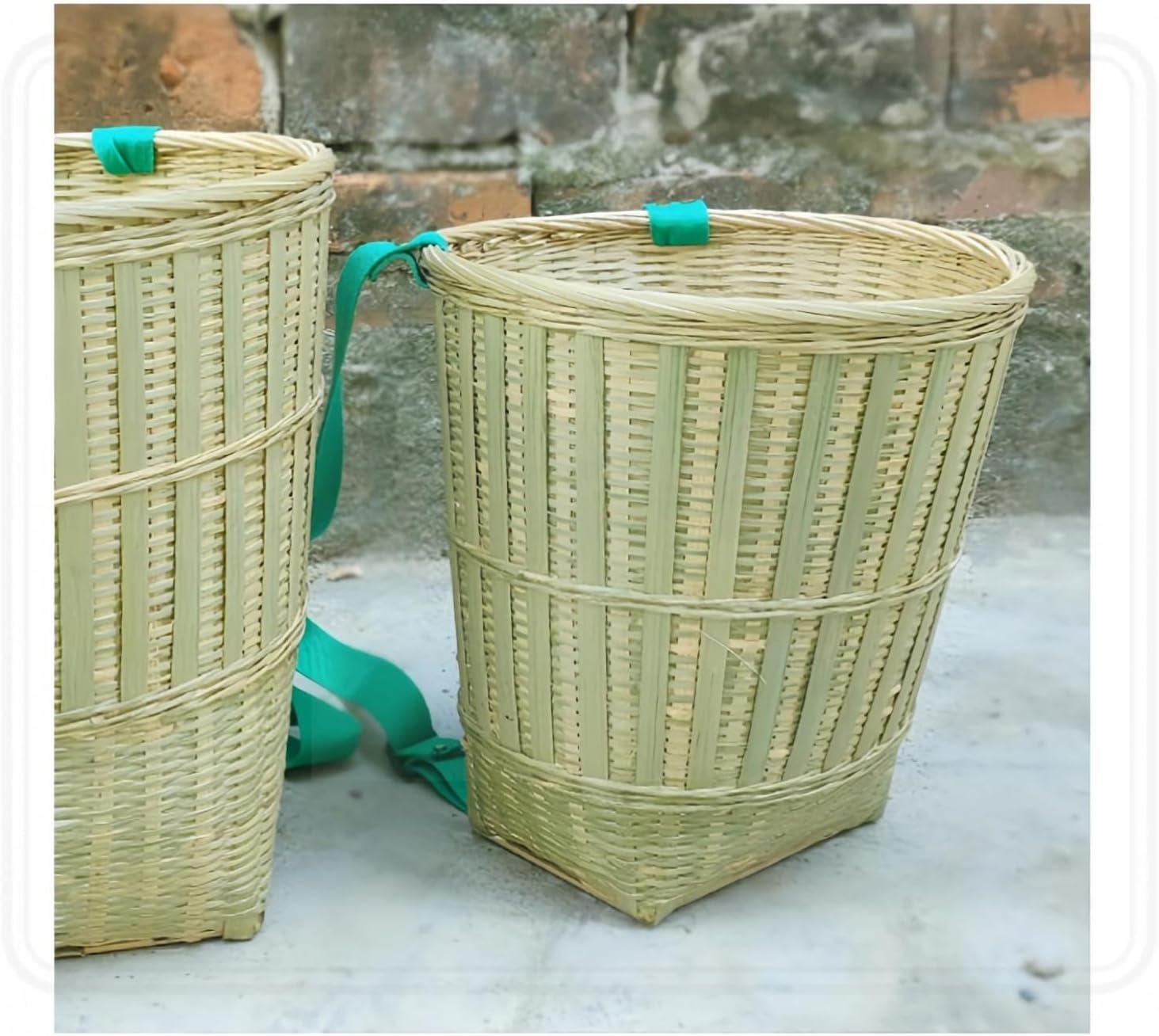 天然竹製背負いかご・大容量収納・平底設計 | 山菜採り/キノコ狩り/茶摘みに最適・エコ素材・便利な背負いヒモ付き |【買い物・家庭用