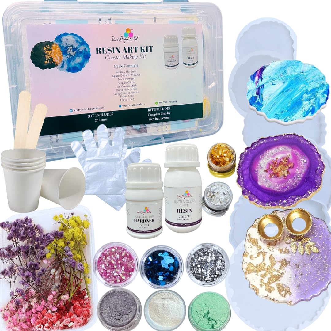 ICRAFTYWORLD 26 Pcs DIY Epoxy Resin Art Kit with Moulds Agate Coaster Making Kit Resin Art Set for Beginners with Resin, Hardener & Epoxy Mould