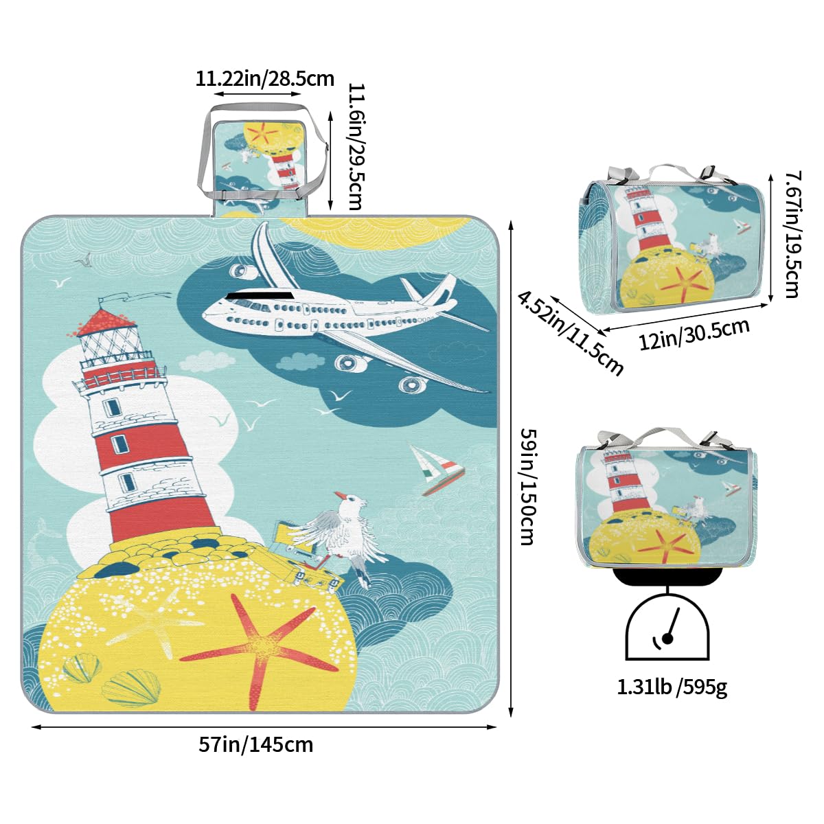 Shimoshe Picnic Blankets 57”x 59”, Bird Airplane Lighthouse Waterproof Sandproof Picnic Mat Lightweight Foldable Beach Blanket for Camping Park Grass Beach Outdoor Blanket