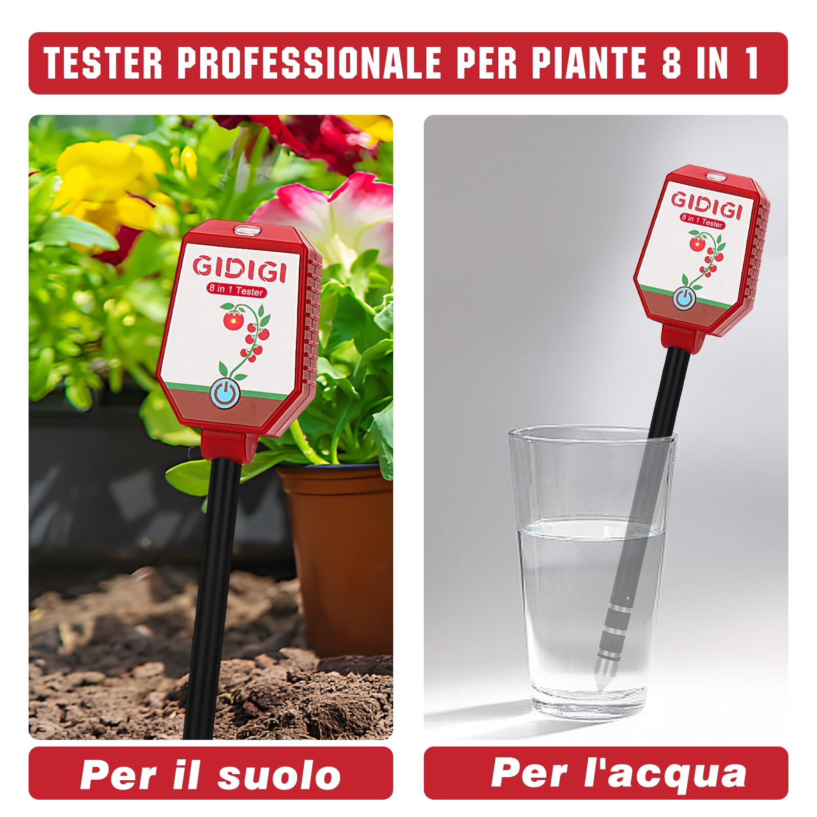 Tester pH umidità per terreno,kit digitale 8 in 1 per il test del terra, monitoraggio pH suolo,intensità della luce solare,fertilità,EC, salinità,temp e umidità per giardino,prato,agricoltura,cortile