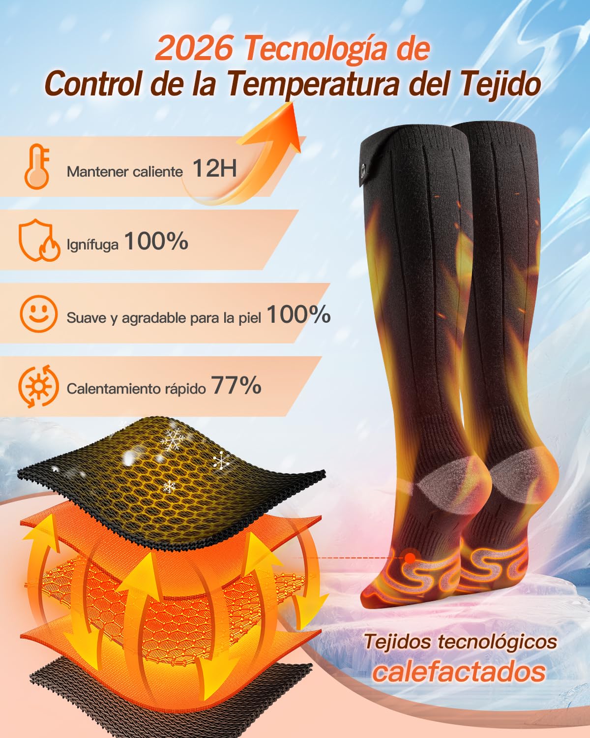 2026 Calze Riscaldate Aggiornati, Totale 10,000 mAh 5V Calze Riscaldanti Ricaricabili, 3 Impostazioni di Calore & Riscaldamento a 360 ° Calzini Riscaldati Lavabili per Sci Caccia, Nero-M