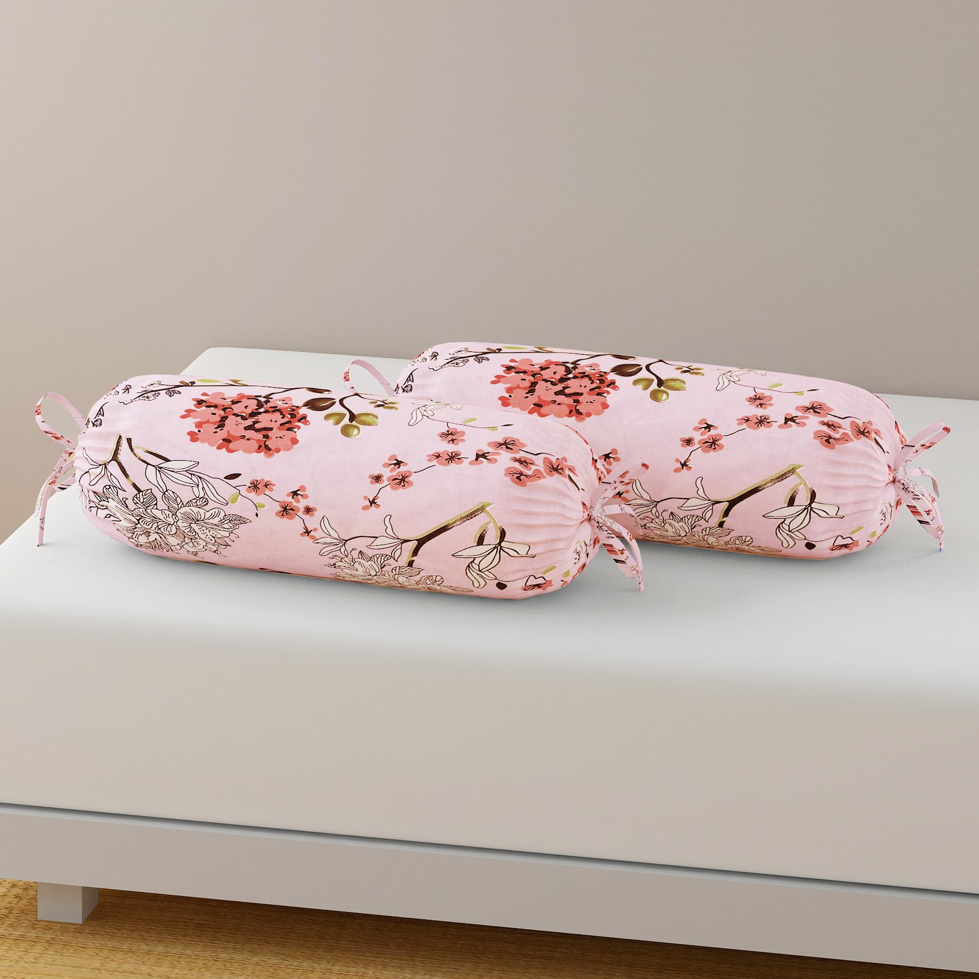 Swayam Bolster Cover Set of 2 Made of Cotton | Bolster Cover with Floral Design - Pink-image-8