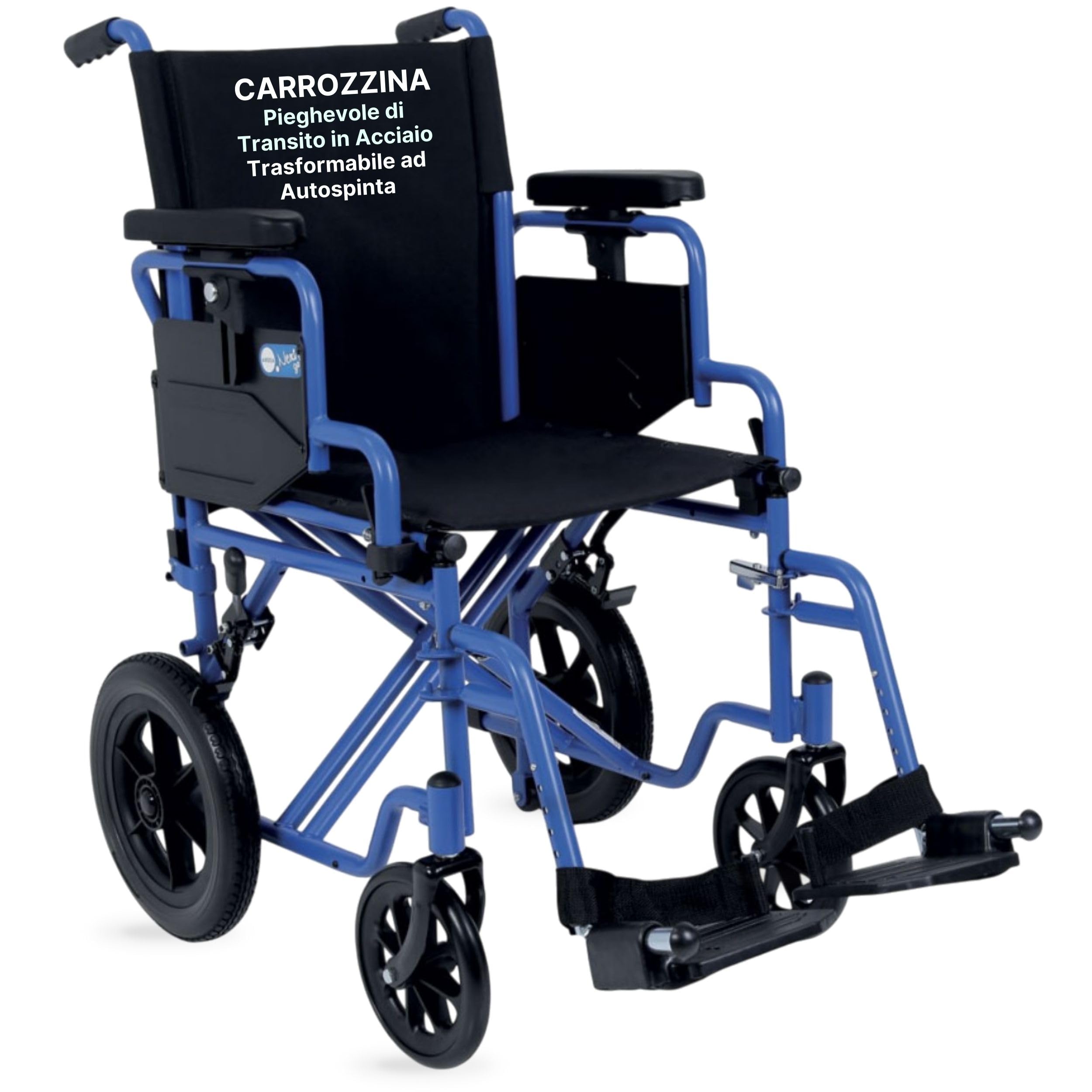 Sedia a Rotelle Pieghevole Leggera da Transito, 43 cm, Blu | Carrozzina per Disabili Predisposta per Autospinta, Crociera Doppia, Ruote a Sgancio Rapido, Braccioli Regolabili in Altezza