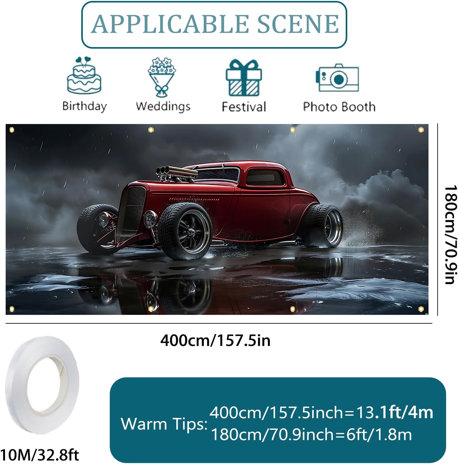 Garage Door Banner Cover 13 x 6 Ft, Red Hot Rod Car in Rain Scene Garage Door Cover, Weather Resistant Reusable Garage Door Tapestry with Grommets for Auto Lovers Man Cave Decor image 2