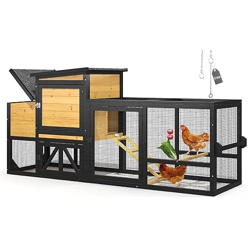 80" Chicken Coop for 2-4 Chickens with Wheels, Outdoor Wooden Hen House w/Nesting Box & Run Cage, Weatherproof for Backyard Poultry Pet Hutch, Removable Tray and Hanging Chicken Feeder